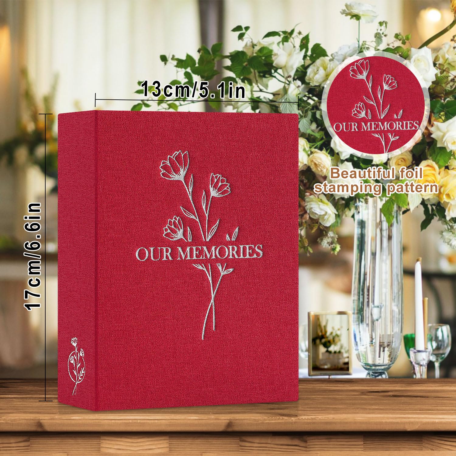 Lanpn Lino Album Fotografico 10x15 50 Tasche 2 Confezioni, OUR MEMORIES Piccolo Mini Biancheria Album Foto Portafoto Verticale Tascabile Tasca (Rosso)