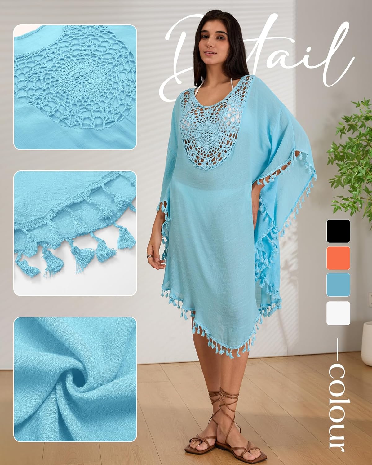 Women's Swimsuit Coverup Crochet Chiffon Tassel Cover Ups Dress Summer Swimwear Beach Lace Pullover Bathing Suit - Image 6