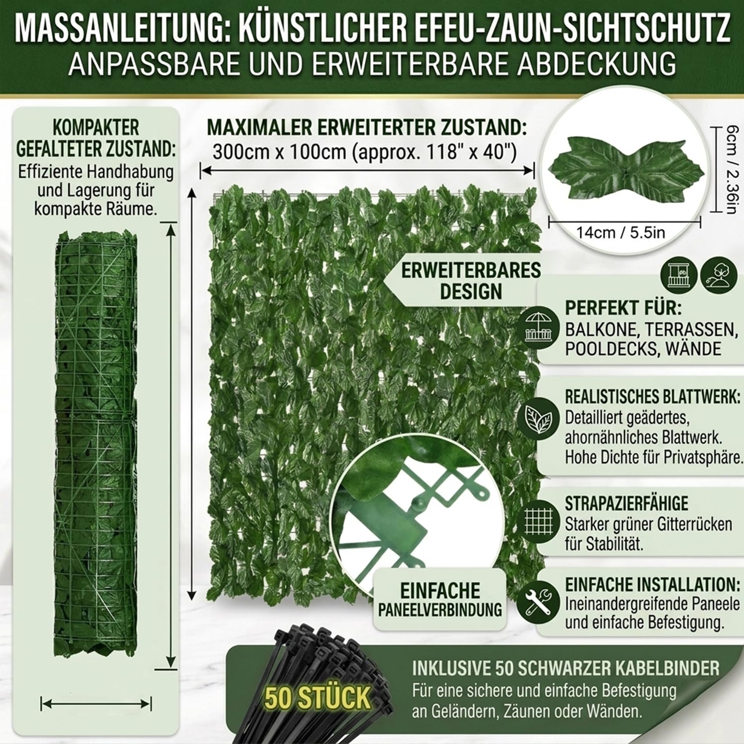 Künstliche Efeu Garten Sichtschutz,Balkon Sichtschutz,Künstliche Efeu Blatt Dekoration für Gartenhecken Balkon Außendekoration 100 x 300 cm