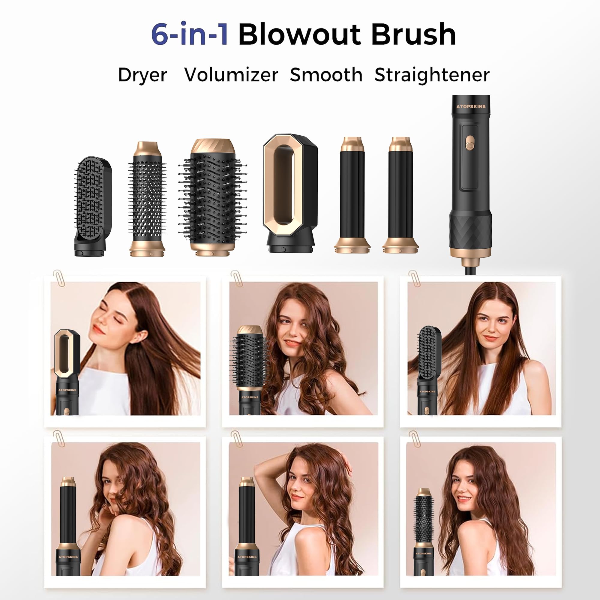 Atopskins Airstyler 6 en 1, Secador Pelo Profesional, 6 en 1 Secador y Cepillo de Pelo con Hair Dryer, Cepillo Alisador Pelo, Secador Pelo Rizado, Thermal Brush, Cepillo de Aire Caliente, Regalos