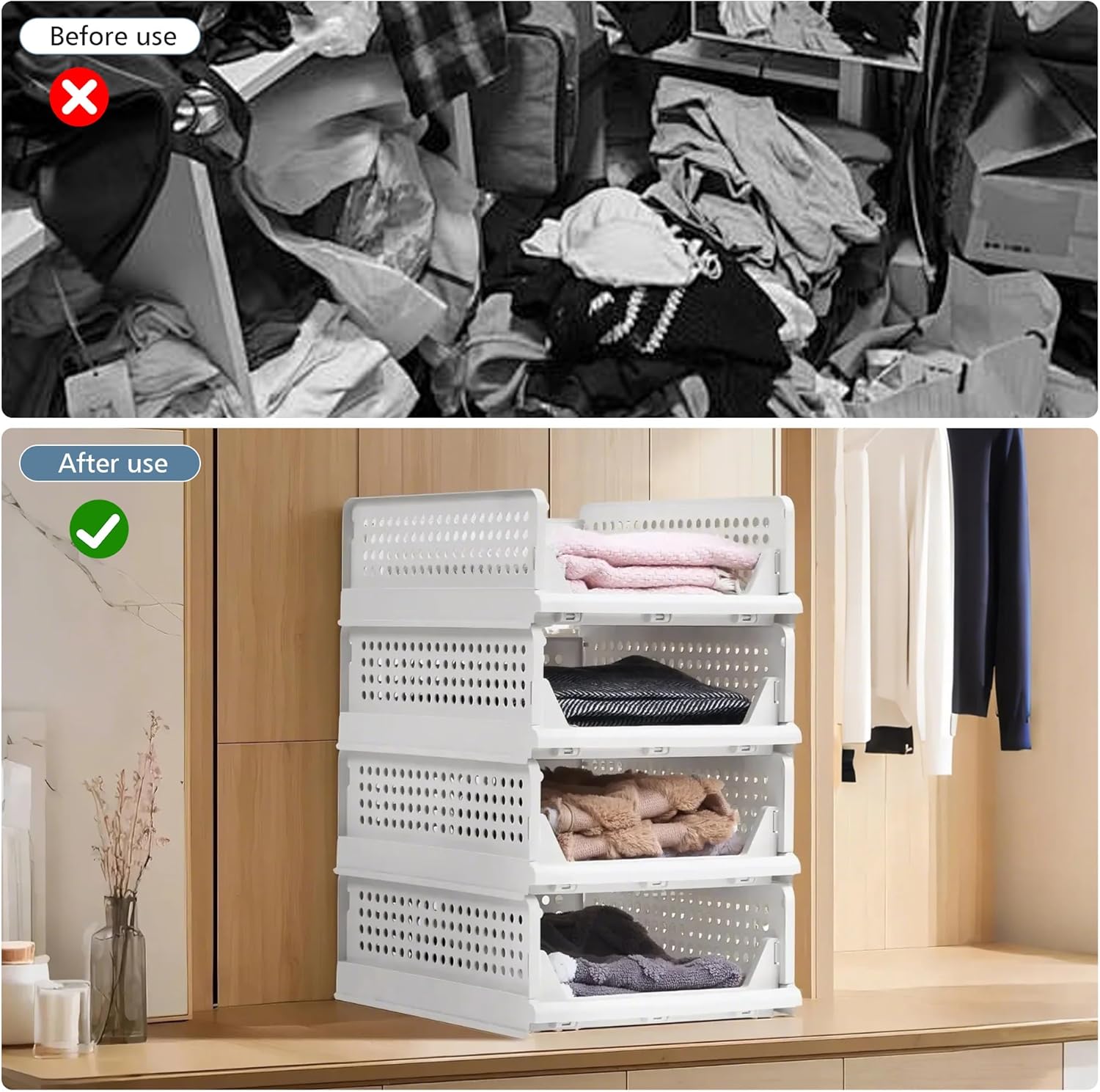 VECELO 4 Pack Plastic Closet Shelf Organizer, Stackable Sweater Storage Closet Drawers, Foldable Wardrobe Organizer, Easy Assembly, Durable and Space Saving for Closet, Bathroom, Kitchen, Gray
