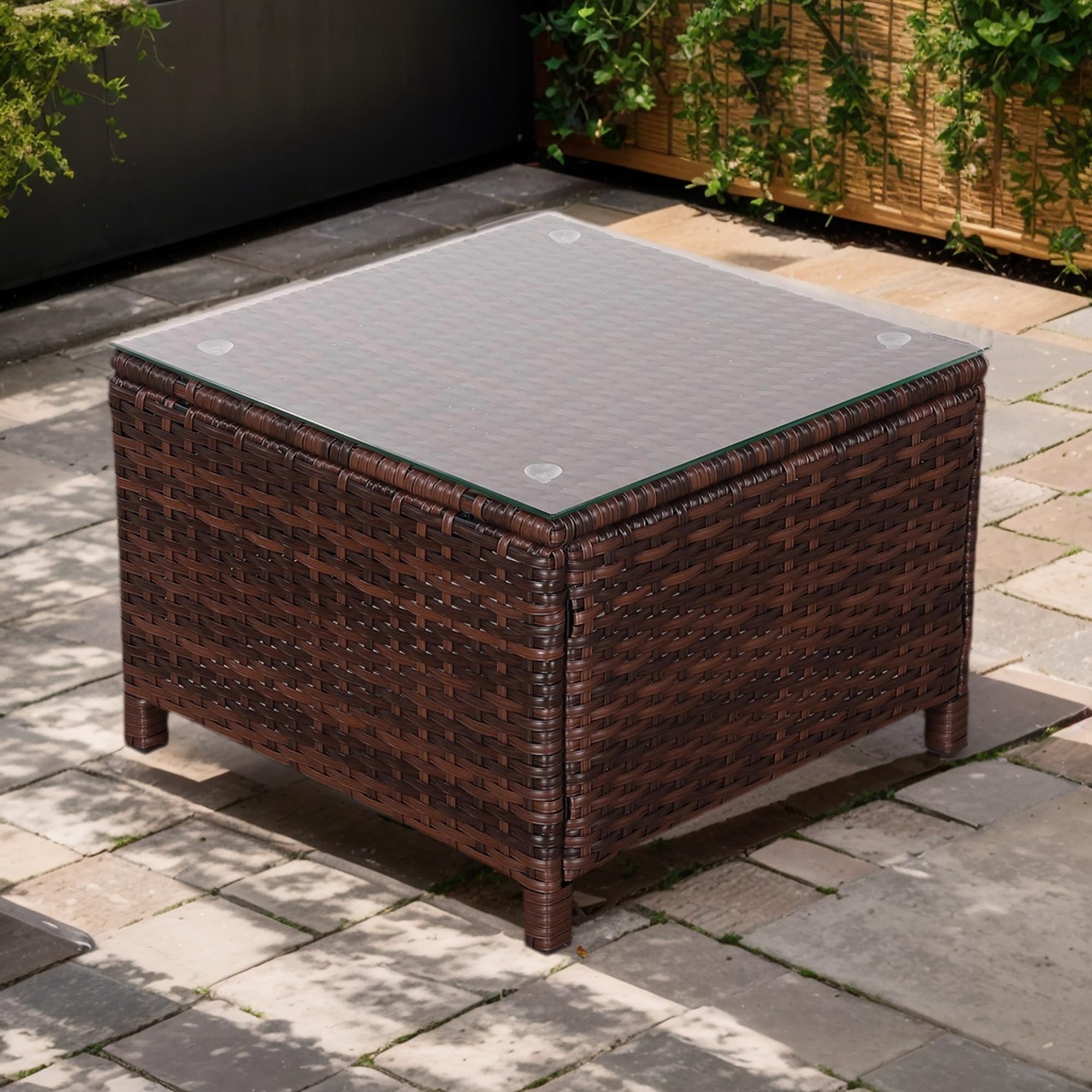Rattan Park Mesa de Centro de ratán para Exterior con Tapa de Cristal, Mesa Auxiliar de Mimbre Resistente a Todo Clima para Patio, balcón o Porche, Color marrón (55×55×38 cm)