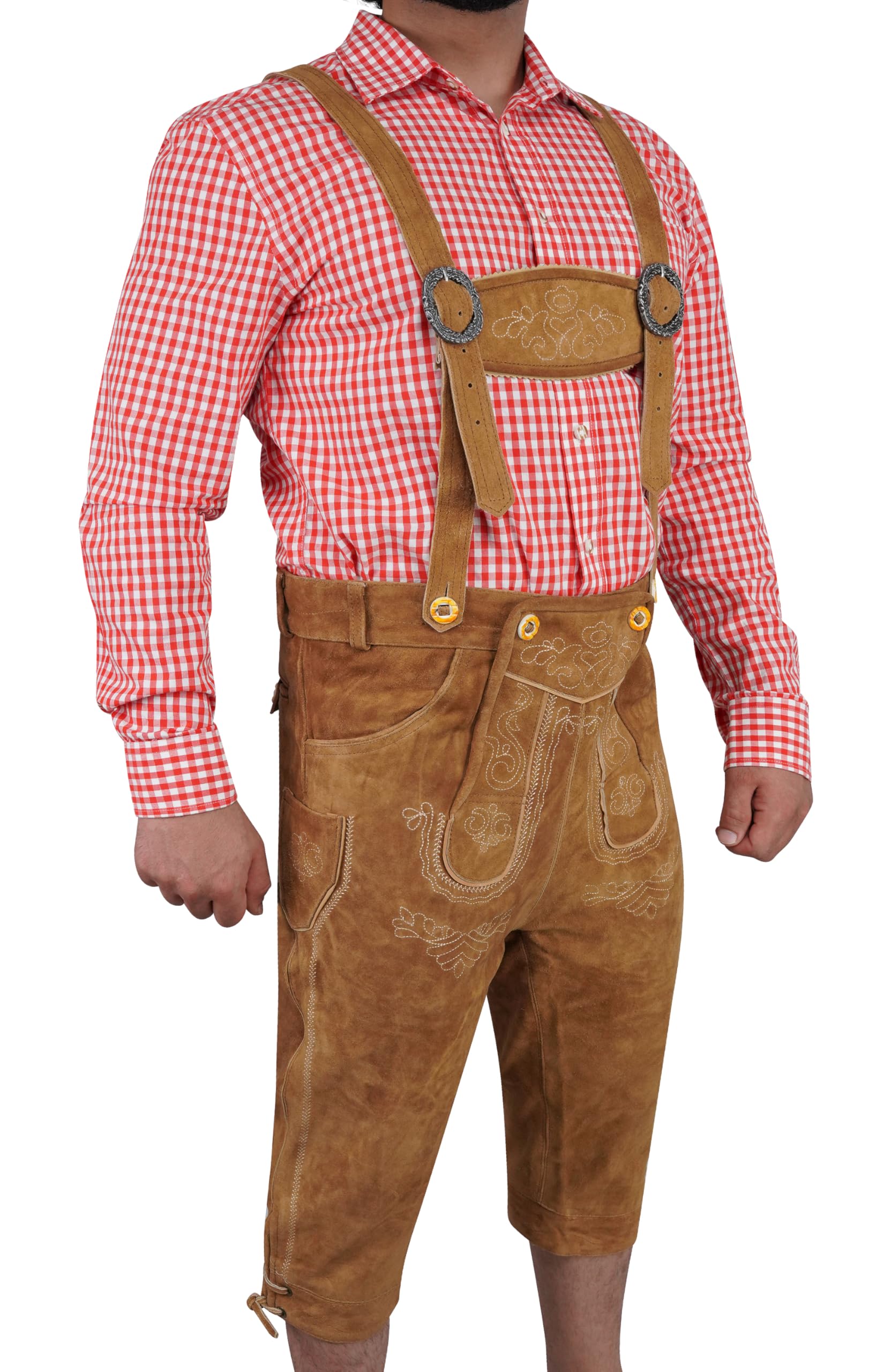 Premium Leder-Kniebundhose für Herren - Gr.46-60 -Trachten Lederhose mit Träger für Männer - Oktoberfest Hose Lederhose mit Träger