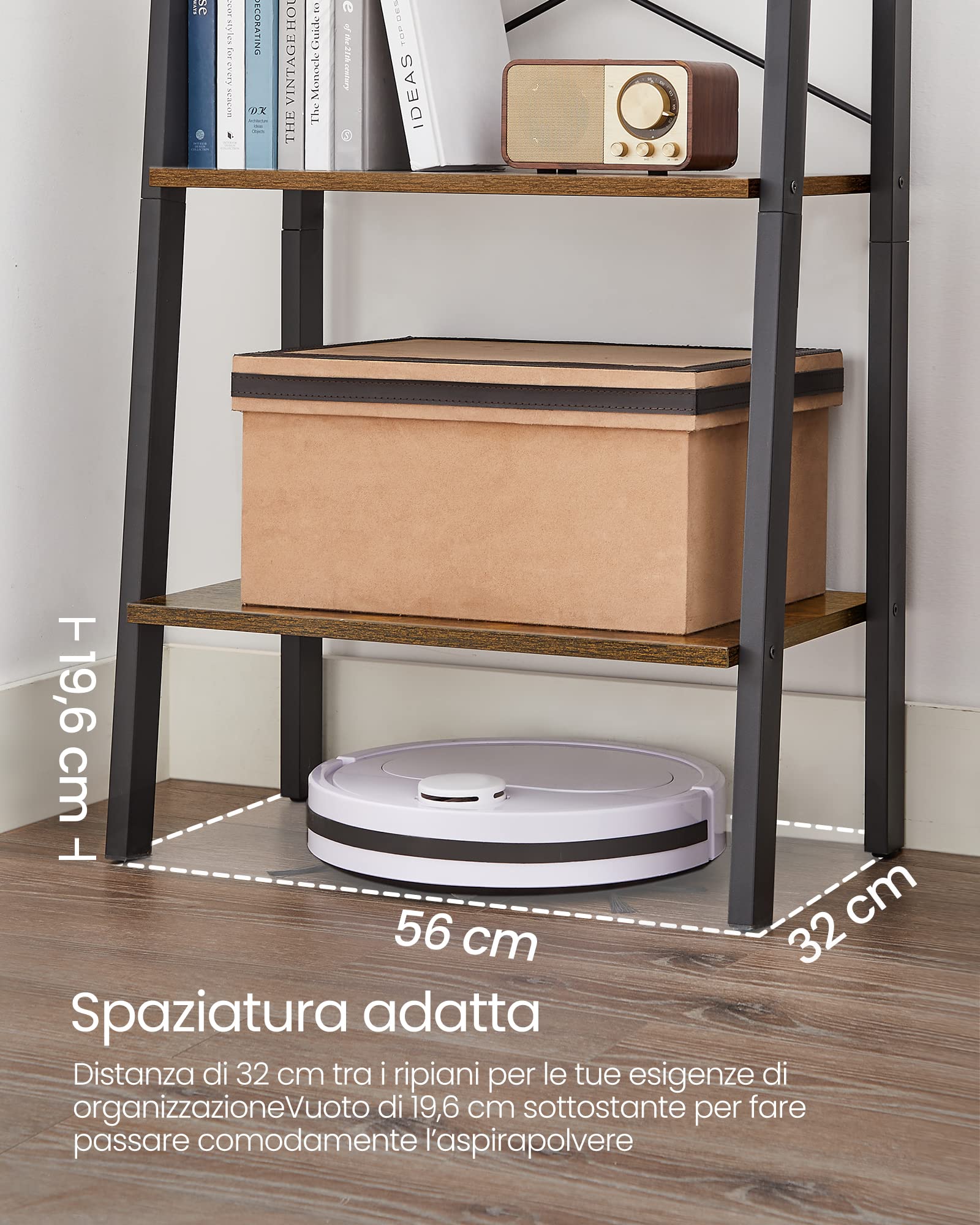 VASAGLE Scaffale a Scala, Libreria a 5 Ripiani, Mobile Portaoggetti con Struttura in Metallo, per Soggiorno, Camera da Letto, Cucina, Nero e Marrone Scuro LLS45X