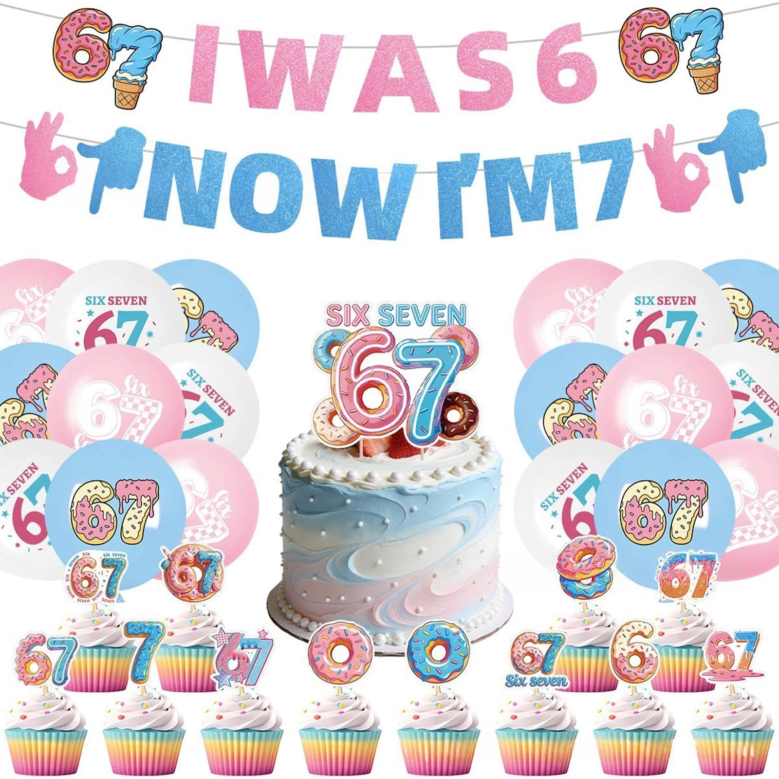 6 7 Birthday Decorations Set, 32Pcs 67 Meme Party Supply, Including I Was 6 Now I'm 7 Banner, Cake Topper, 12 Cupcake Toppers and 18 Balloons, Funny 6 7 Party Supplies for Boys Girls Birthday Decor