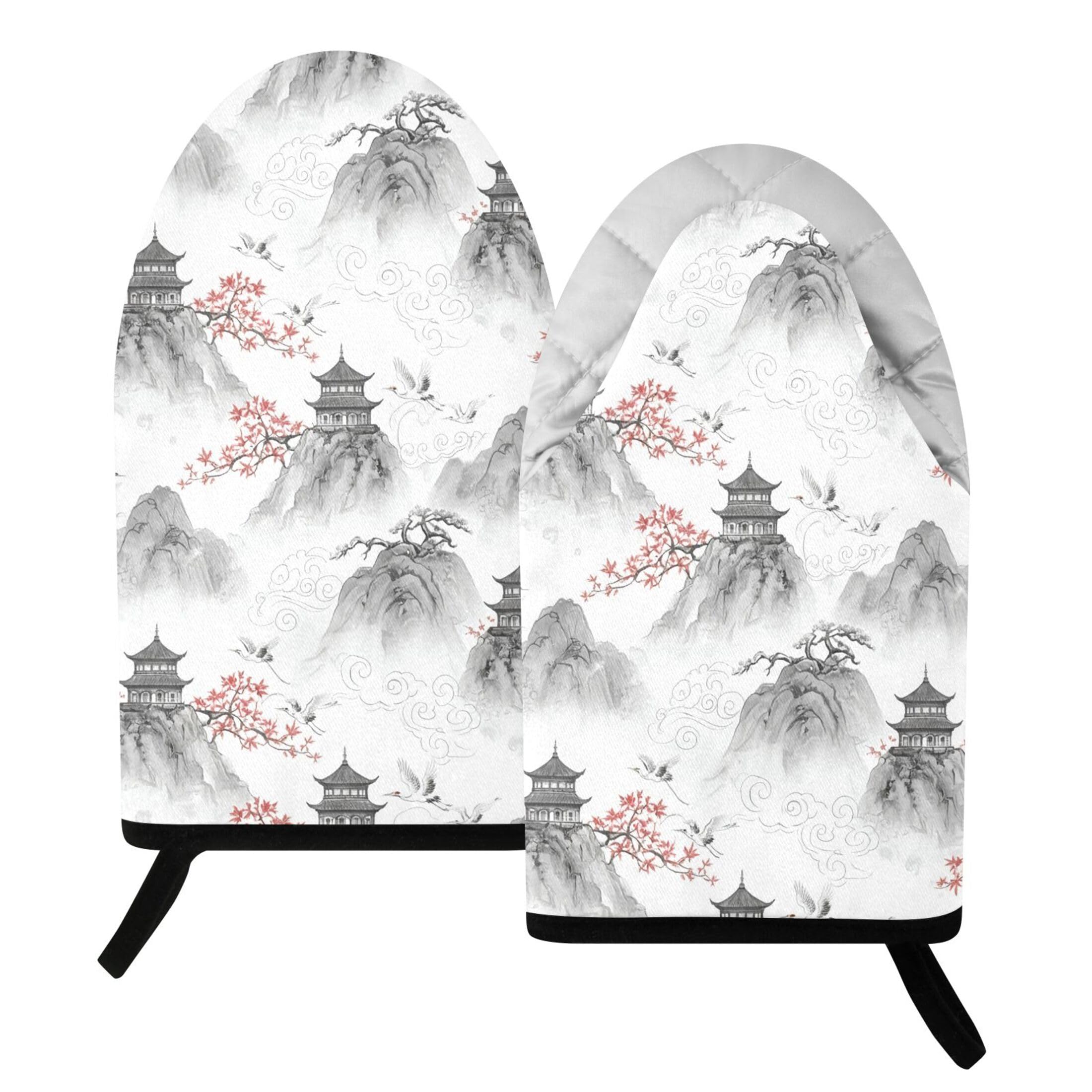 Kutsu Pavilion Oven Mitts for Kitchen, Heat Resistant Cotton Oven Gloves for BBQ Baking Cooking, Breathable Kitchen Essentials, 2 pcs