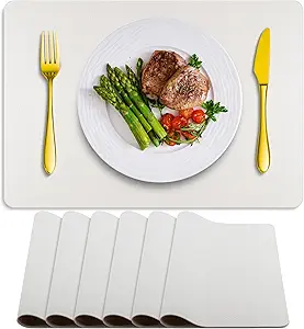 Placemats Set of 6 Washable, Heat Resistant Table Placemats Wipeable Faux Leather Place Mats Non Slip, Waterproof Square Table Mats for Indoor Outdoor, White