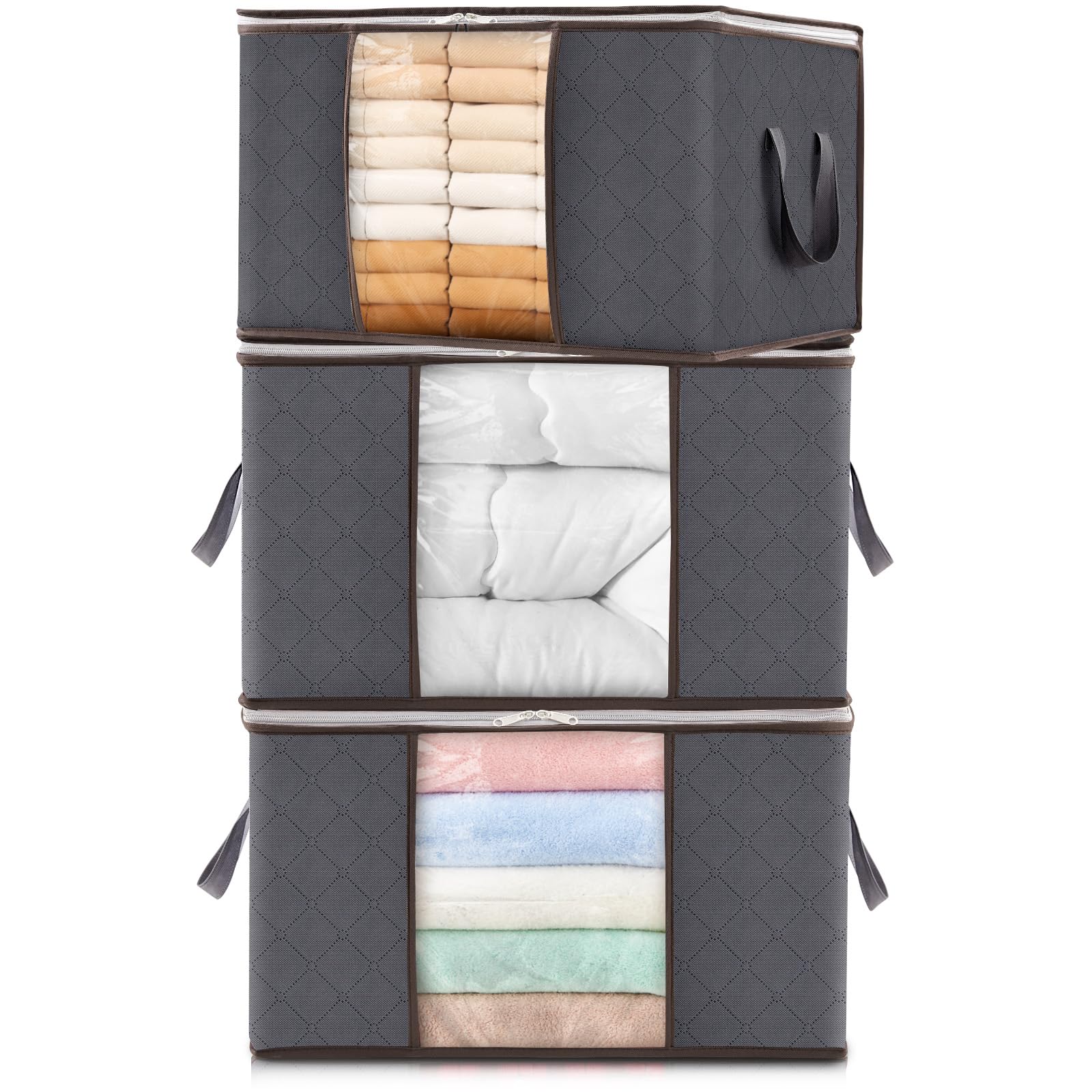 Lifewit Bolsa Almacenaje Ropa, Cajas Almacenaje Plegable, Organizador Armario, Cajas Mudanza, Bolsas con Asa Reforzada para Guardar Ropa, Mantas, Edredones, Gris, 65L, 3 Piezas