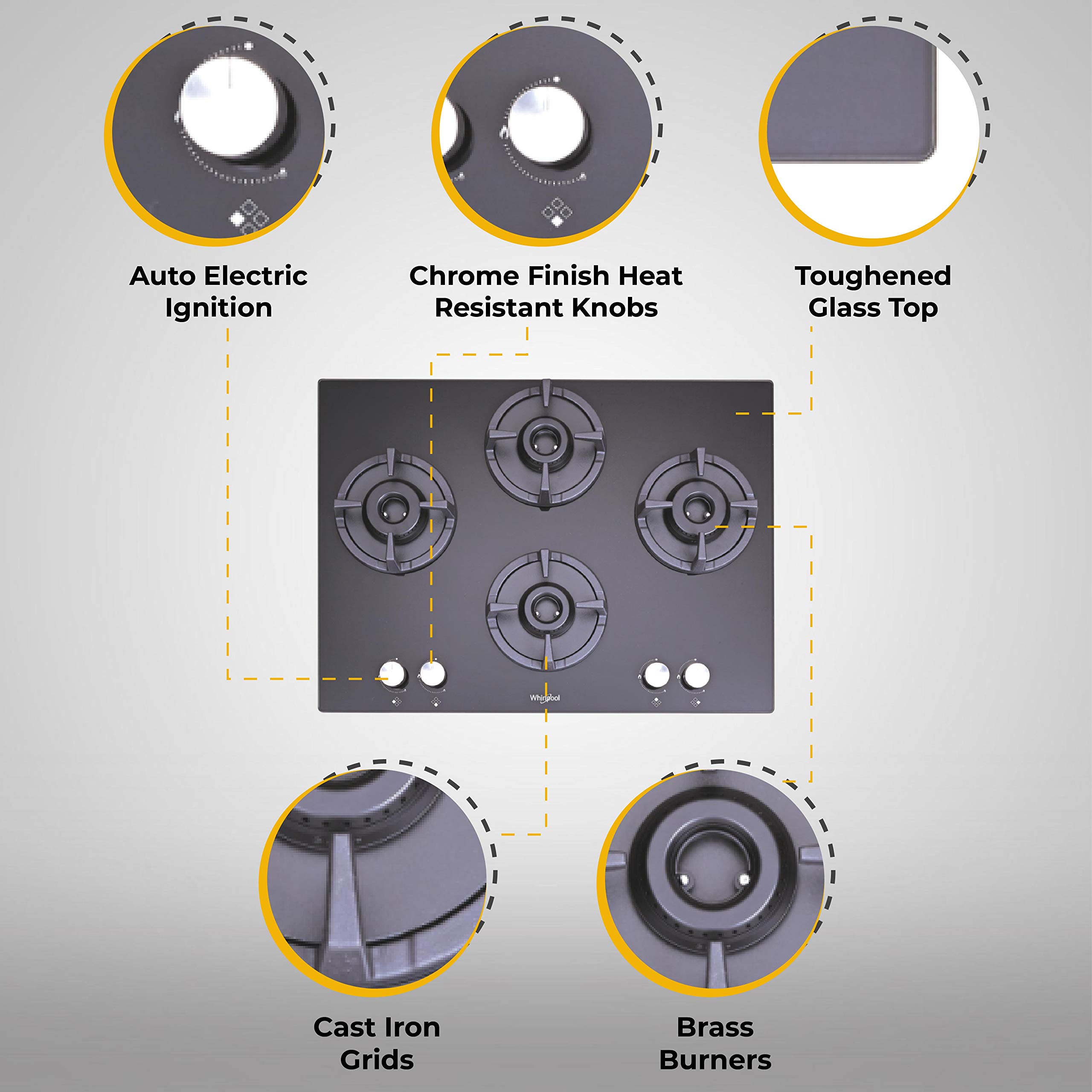 Whirlpool Hob 4 Burner Auto Ignition Gas Stove (Elite HD 704 Brass Gas