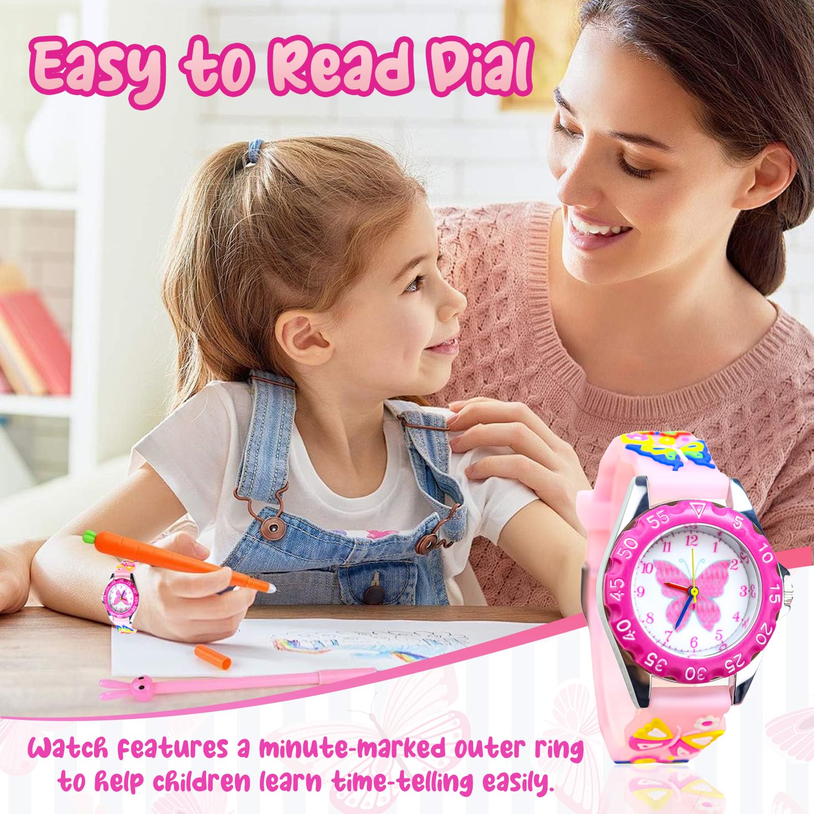 Reloj Infantil Niña, Mariposa Reloj Analogico Niños, Pulsera de Silicona Suave, Impermeable, Aprender La Hora, FáCil De Leer 3-13 Años, Regalo de Cumpleaños