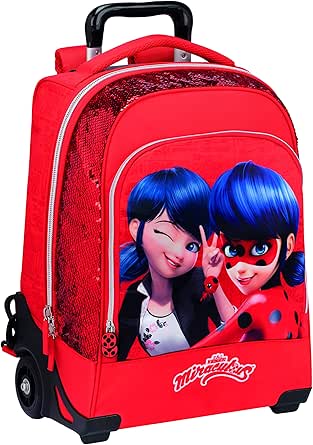 MIRACULOUS - Zaino Scuola Ladybug con Paillettes, Spallacci Imbottiti e Regolabili, 3 Ampi Scomparti a Zip - Zainetto Bambina e Bambino con Etichetta Porta-Nome Interna, 32x43hx23 cm, Rosso con Stampa
