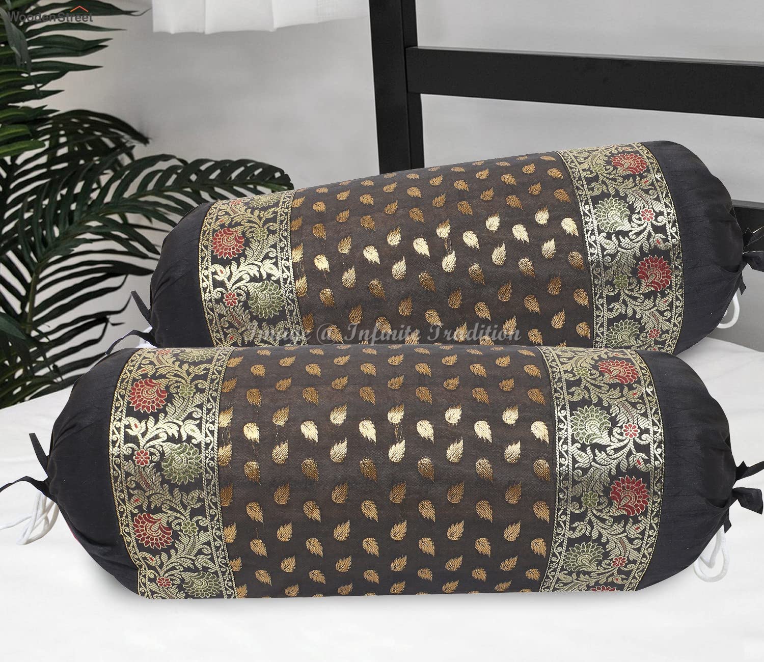 Ethnic Living Room Decorative Bolster Tube Pillow Covers Cylindrical Black Yoga Large Couch Round Cushion Cover Jacquard Brocade Silk Small Leaves