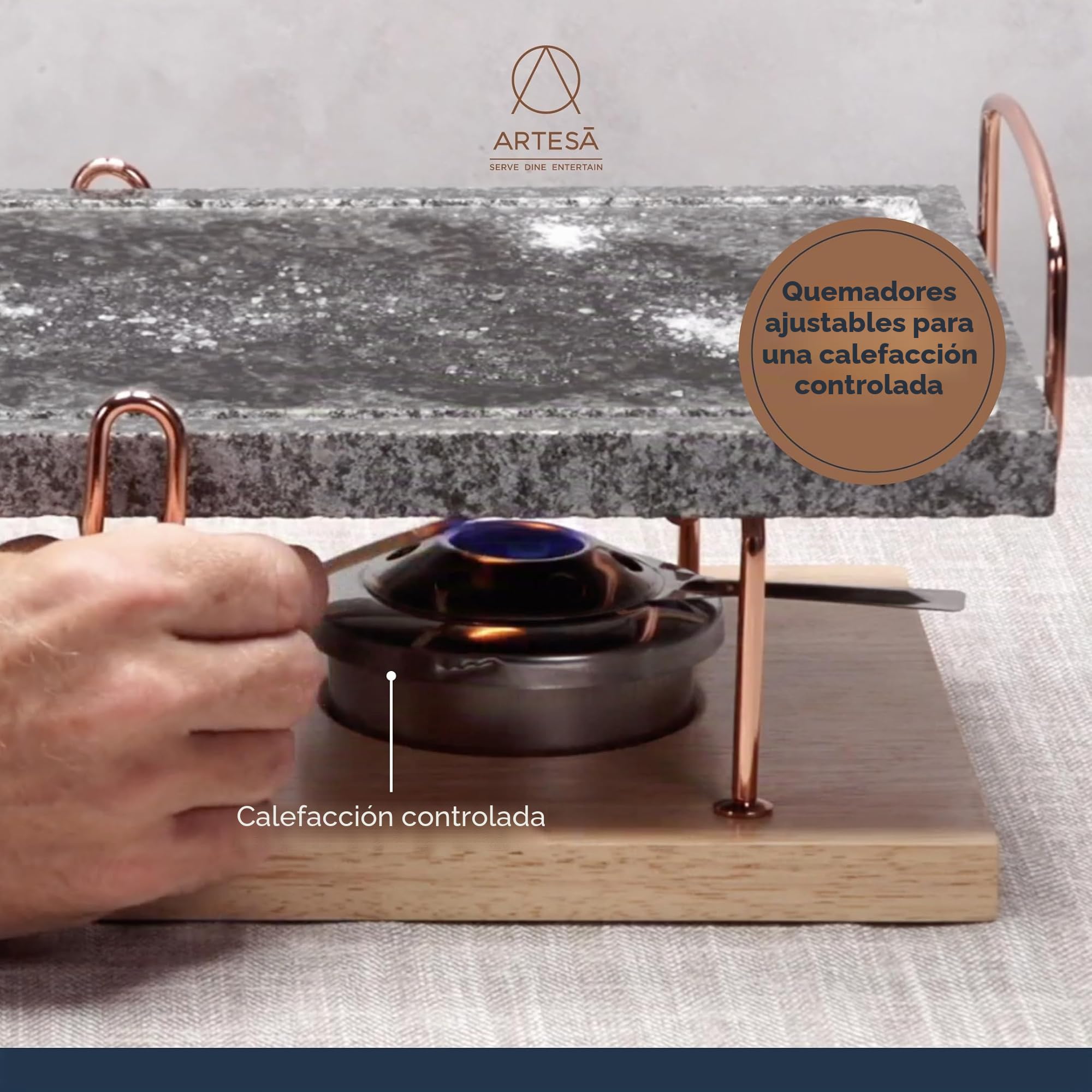 Artesa Parrilla de Piedra Caliente, Parrilla Gourmet de Sobremesa, Parrilla de Piedra para Carnes, Mariscos y Verduras, 41,5 x 22 x 15 cm - Mármol/Madera