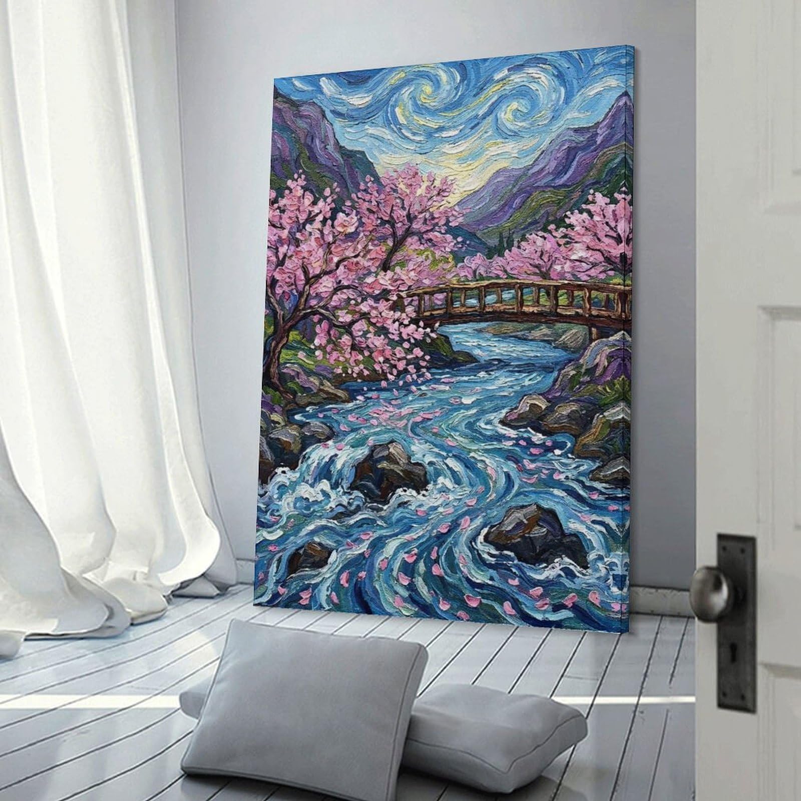 Junmoney Cherry Blossoms Over River Painting Room Decor Wall Art 24x36inch(60x90cm), for Bedroom Walls, Guest Spaces Or Lounges, An Easy Wall Refresh for Bedrooms