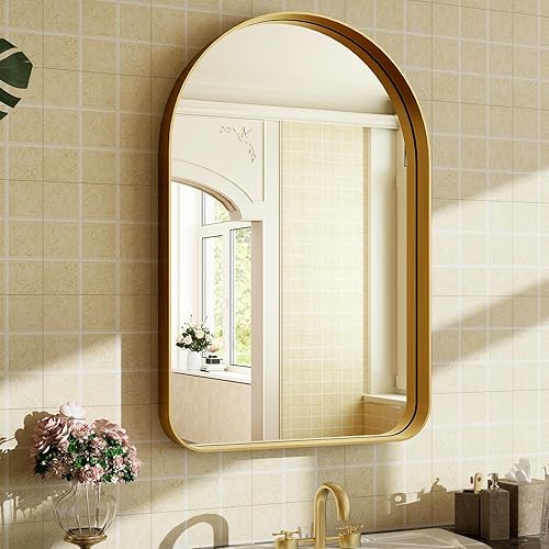 Espejo de baño arqueado, espejo de baño dorado de 30 x 20 pulgadas para pared, espejo enmarcado de aleación de aluminio, espejo de tocador de baño