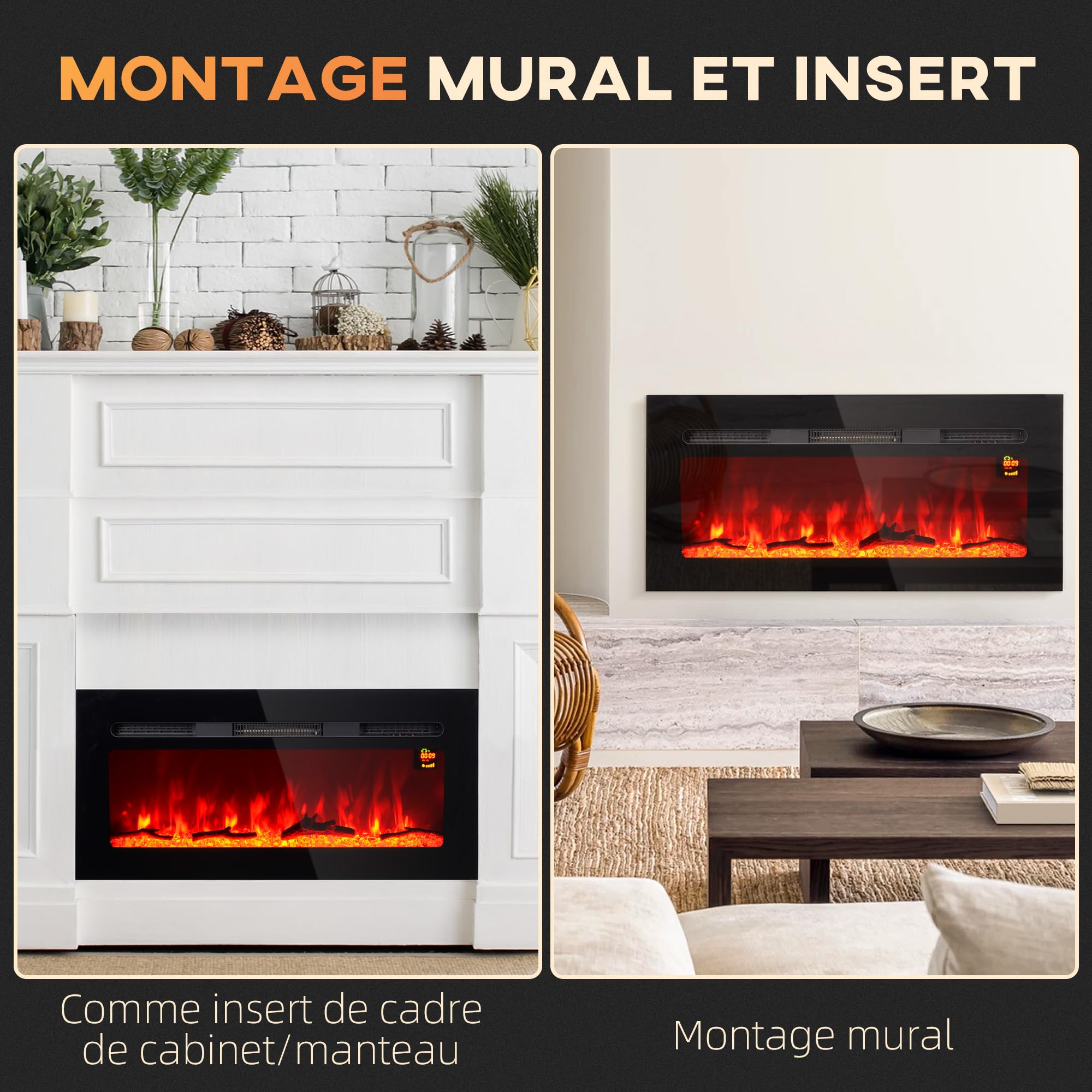 HOMCOM Cheminée électrique 1800 W Mural ou encastrable Fausse cheminée avec Effet Flamme en LED 3 Couleurs 5 luminosités, bûche et Cristal, minuterie, température 15-40℃, télécommande, 91,4L cm, Noir