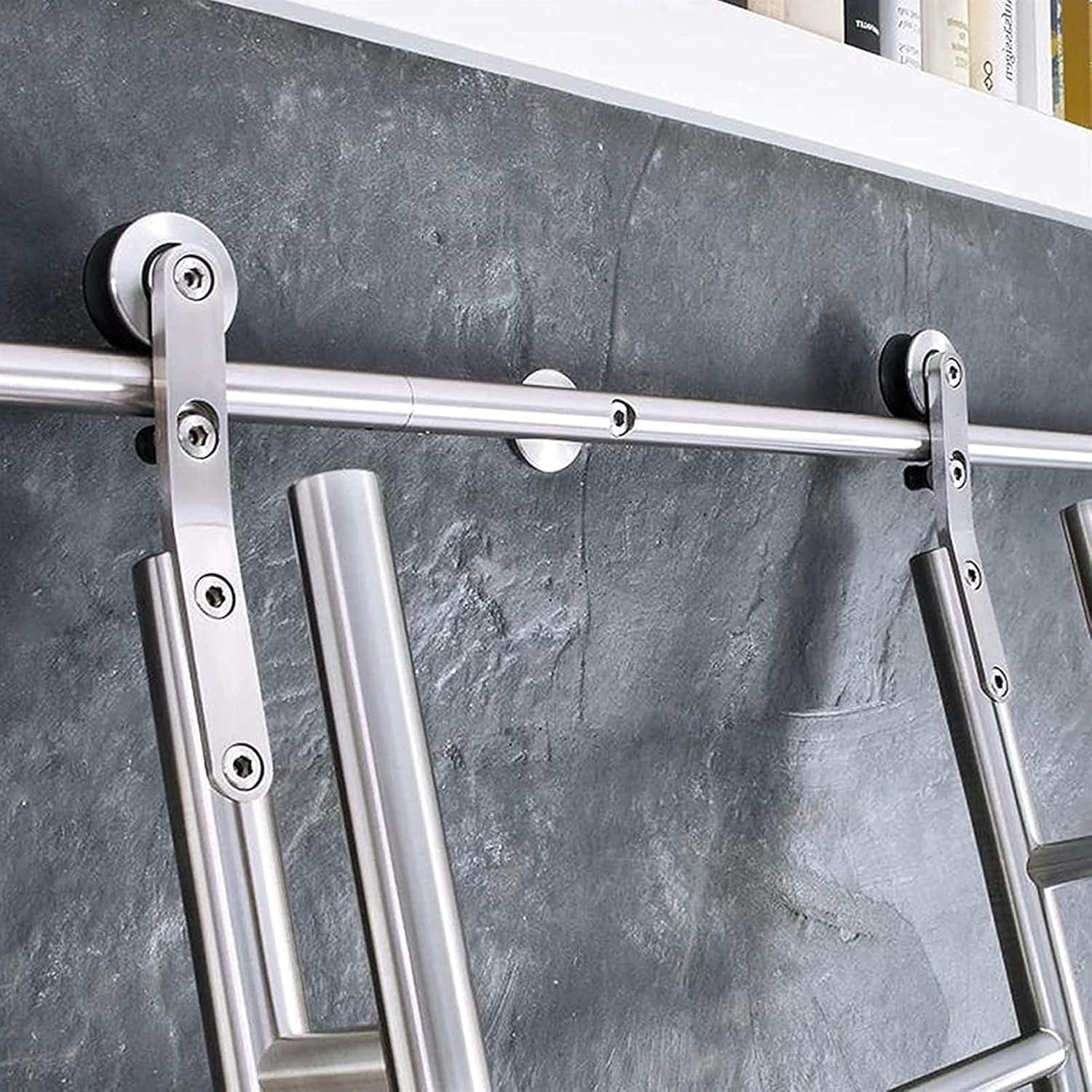 Rolling Library Ladder Hardware Kit - Sliding Barn Door Hardware Track Accessories - Stainless Steel Hardware - with Floor Rollers - 200kg Load Capacity - Easy to Install