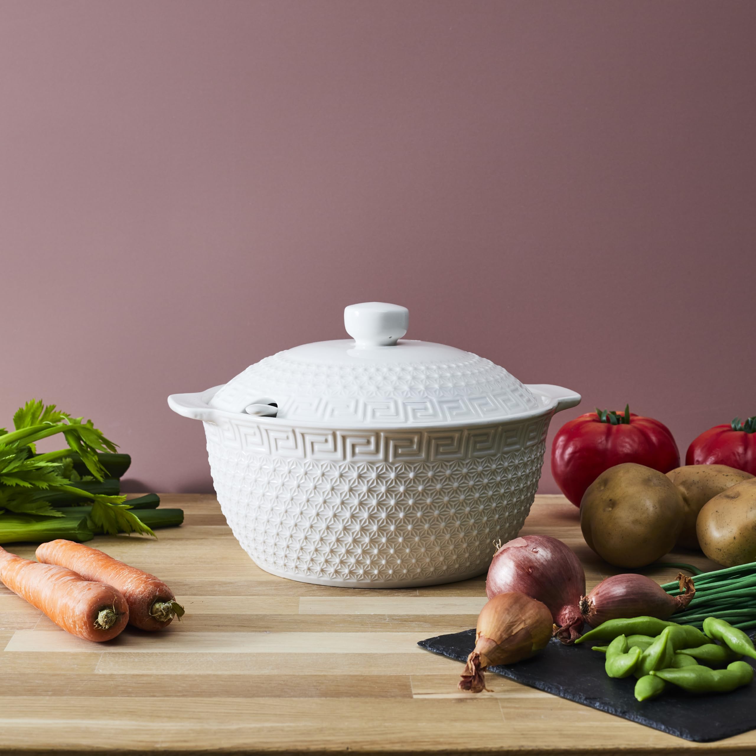 HOME DECO FACTORY - KA0279 Juego de Sopa 9 Piezas Porcelana - Sopera 2.7L, Cucharón, 6 Tazones - Diseño Elegante - Ideal para Cenas y Recepciones - Blanco - Tamaño Estándar