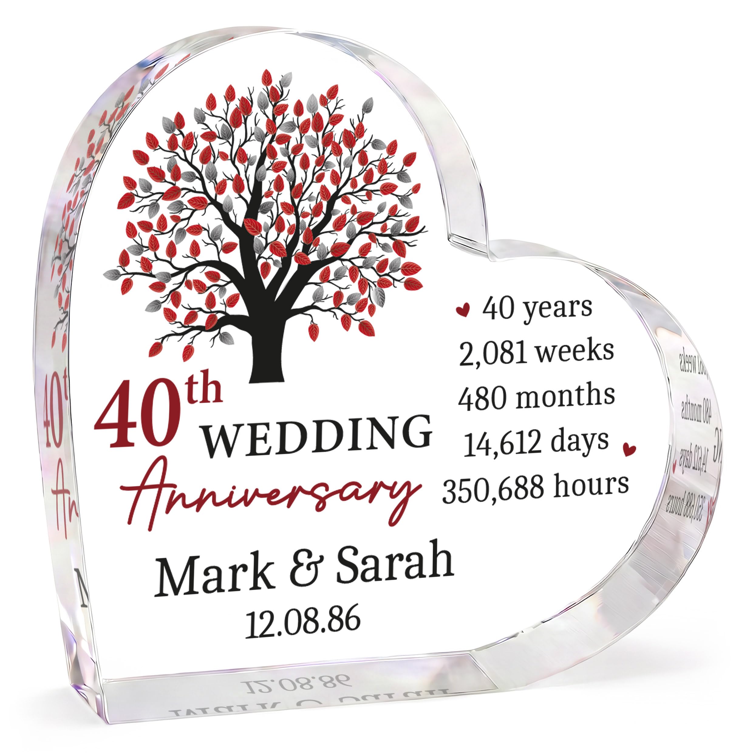 Beecreative 40th Wedding Anniversary Keepsake - Clear Acrylic Heart Gift - Personalised Ruby Anniversary Present For Couples - With Grey Bag