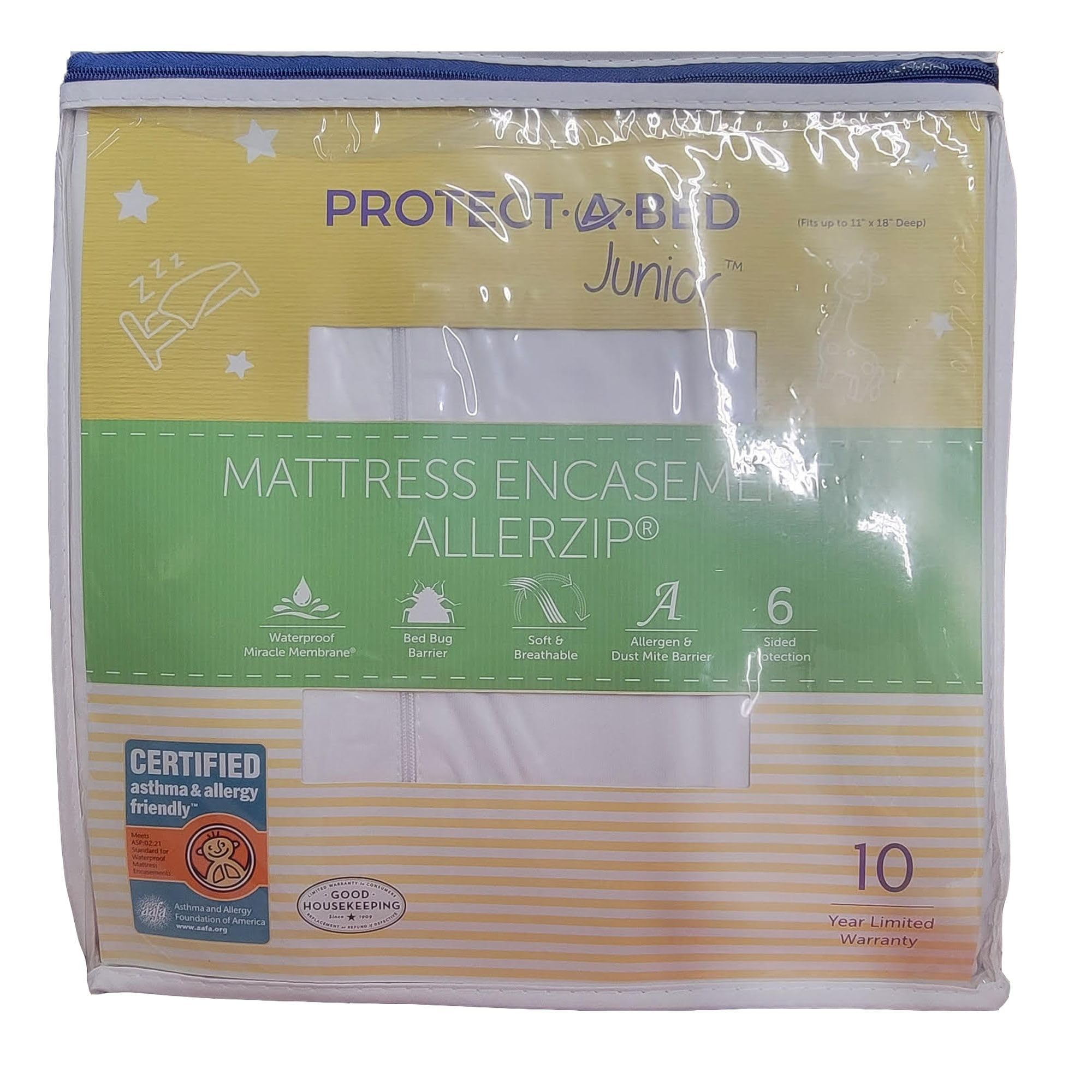 Protect-A-BedJunior Allerzip Mattress Encasement, 6” - 8” Height, Waterproof, Zippered, 6-Sided, Full Size, White