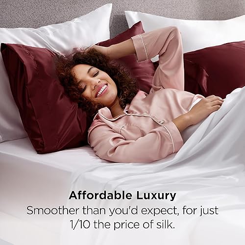 Miniatura 5 de Bedsure Funda de almohada de satén estándar para cabello y piel, paquete de 2 fundas de almohada de seda burdeos de 20 x 26 pulgadas, juego de 2