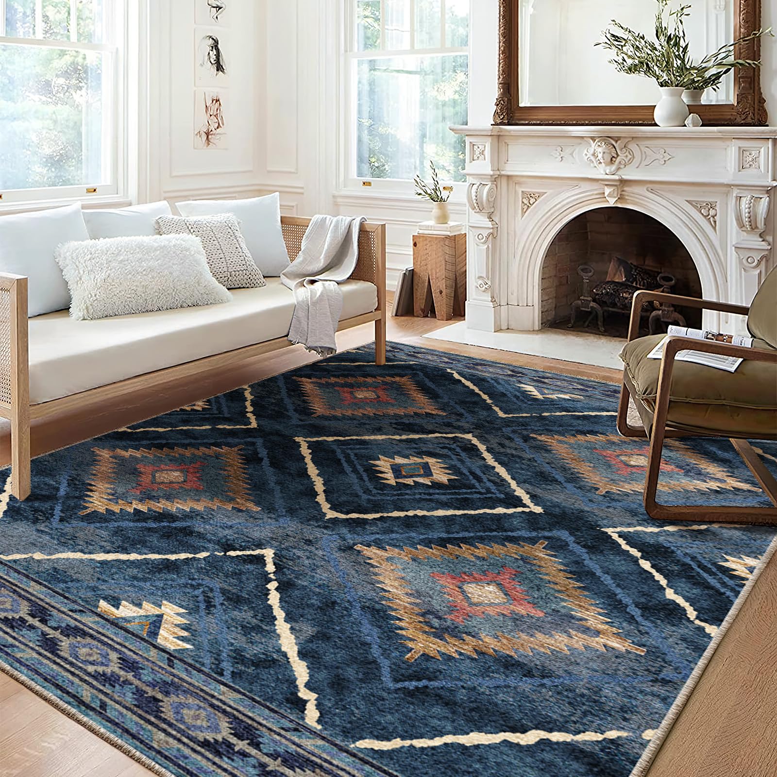 Photo 1 of BESTSWEETIE 8x10 Area Rugs Moroccan Rug 8x10 Rugs farmhouse rug Machine Washable Rugs Non-slip Low Pile Ultra Soft Faux Wool for Living Room Bedroom Indoor darkblue Darkblue 8x10