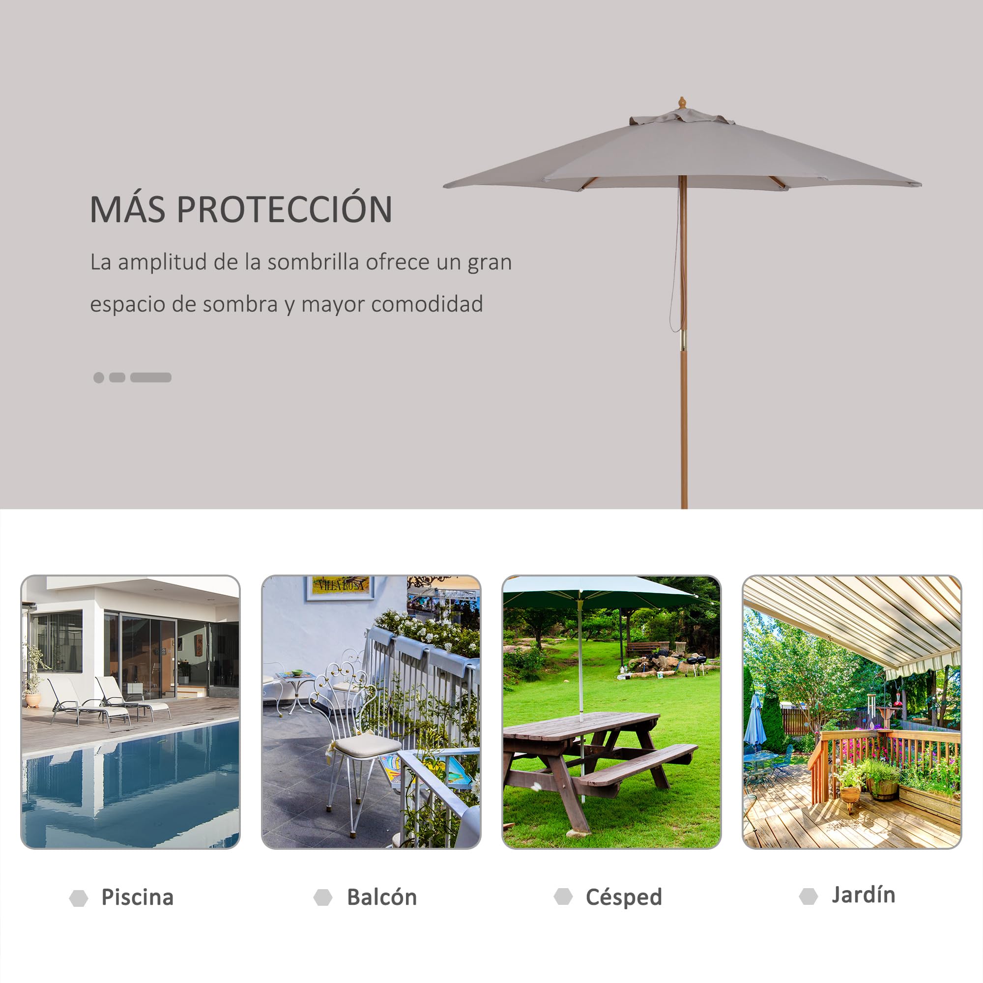Outsunny Sombrilla de Jardín Ø250x230 cm Parasol de Terraza Gris | 6 Varillas, Poste Desmontable, Anti-UV, Impermeable, Marco de Madera, para Playa, Patio