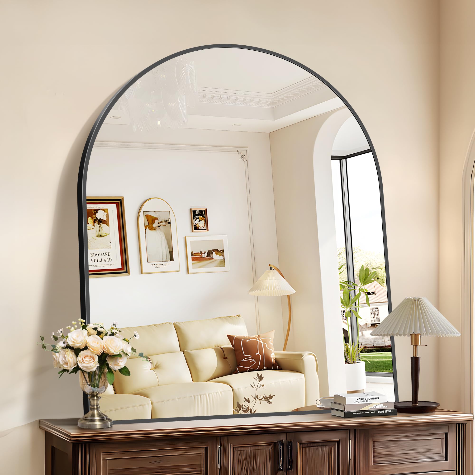 Photo 1 of COFENY Arched Mirror, 40’’x48’’ Black Arch Mirror for Bathroom, Large Arched Bathroom Mirror with Frame, Modern Wall Mounted Mirror for Over Sink Mantle Bedroom Vanity Living Room Entryway