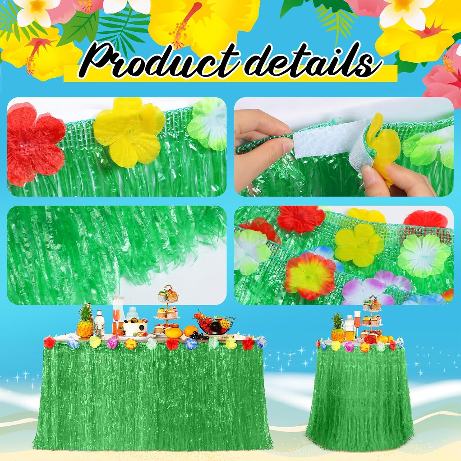 Canlierr 23 Pcs Hawaiian Luau Beach Party Decoration Set, Include Grass Table Skirt Paper Flowers Backdrop 71 x 43 Inch Hawaiian Backdrop 3D Hibiscus Palm Leaves for Aloha Luau Party Supplies (Green)