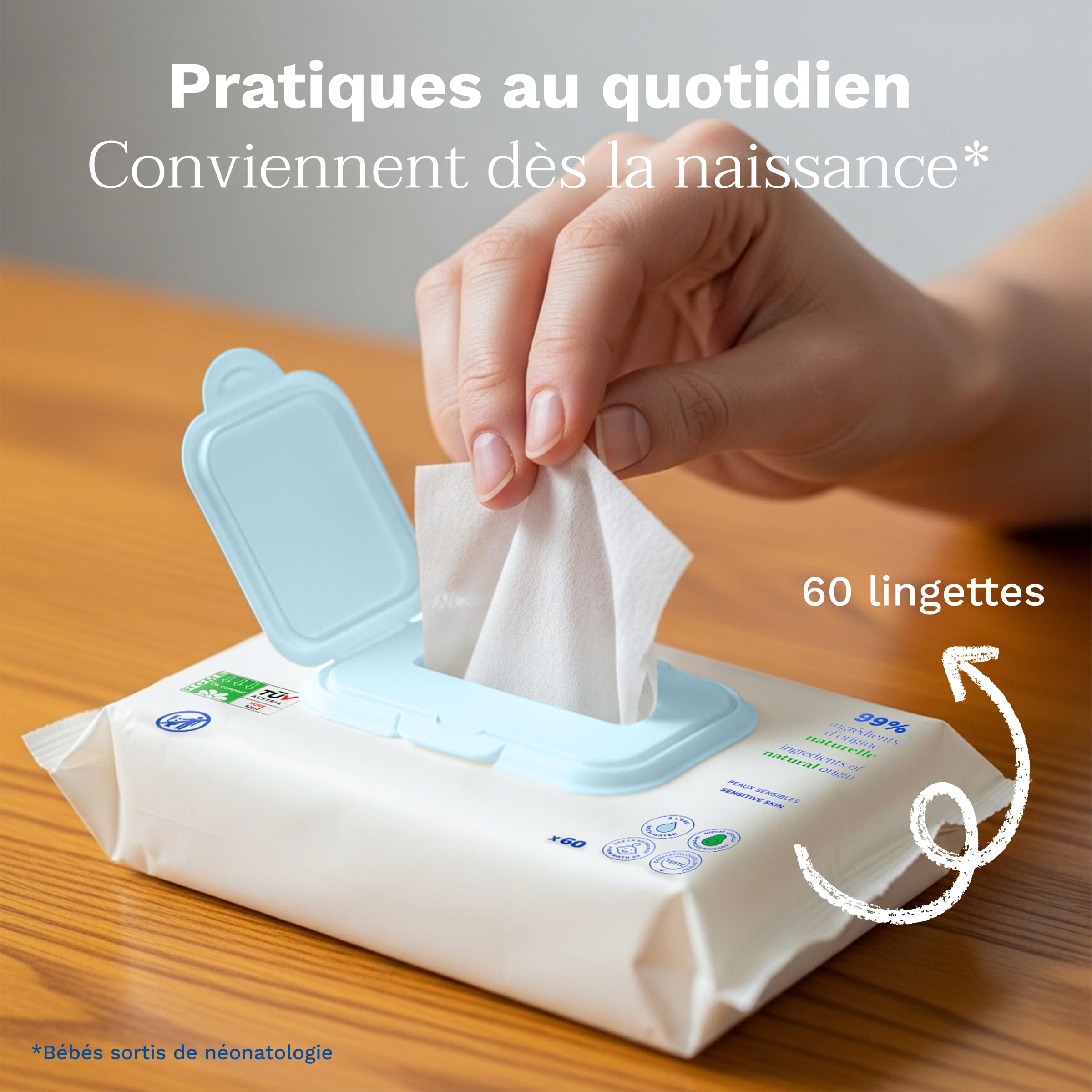 Mustela - Lingettes Nettoyantes à l'Eau - Lingettes Bébé Compostables - Visage, Mains, Siège - 99% ingrédients d'origine naturelle - Fibres d'origine Végétales - Hygiène Bébé et Soin - Sans Parfum