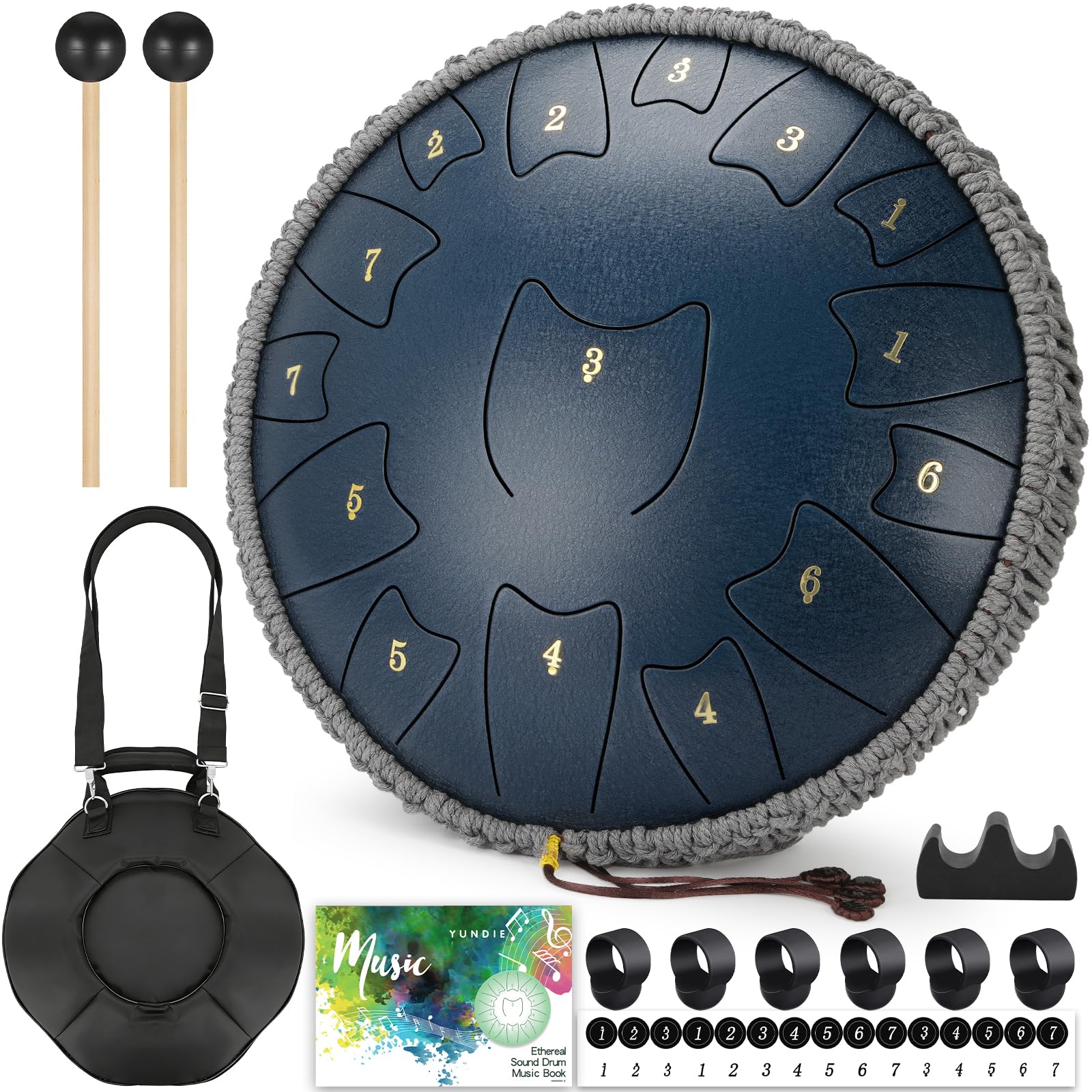 Steel Tongue Drum 6 Inch 8 Notes, Rain Drum for Outdoor Garden, Easy-Play Percussion Instrument, Unique Gift for Music Lovers, with Mallets, Carry Bag &amp; Music Book (Deep Blue, 14 Inch 15 Notes)