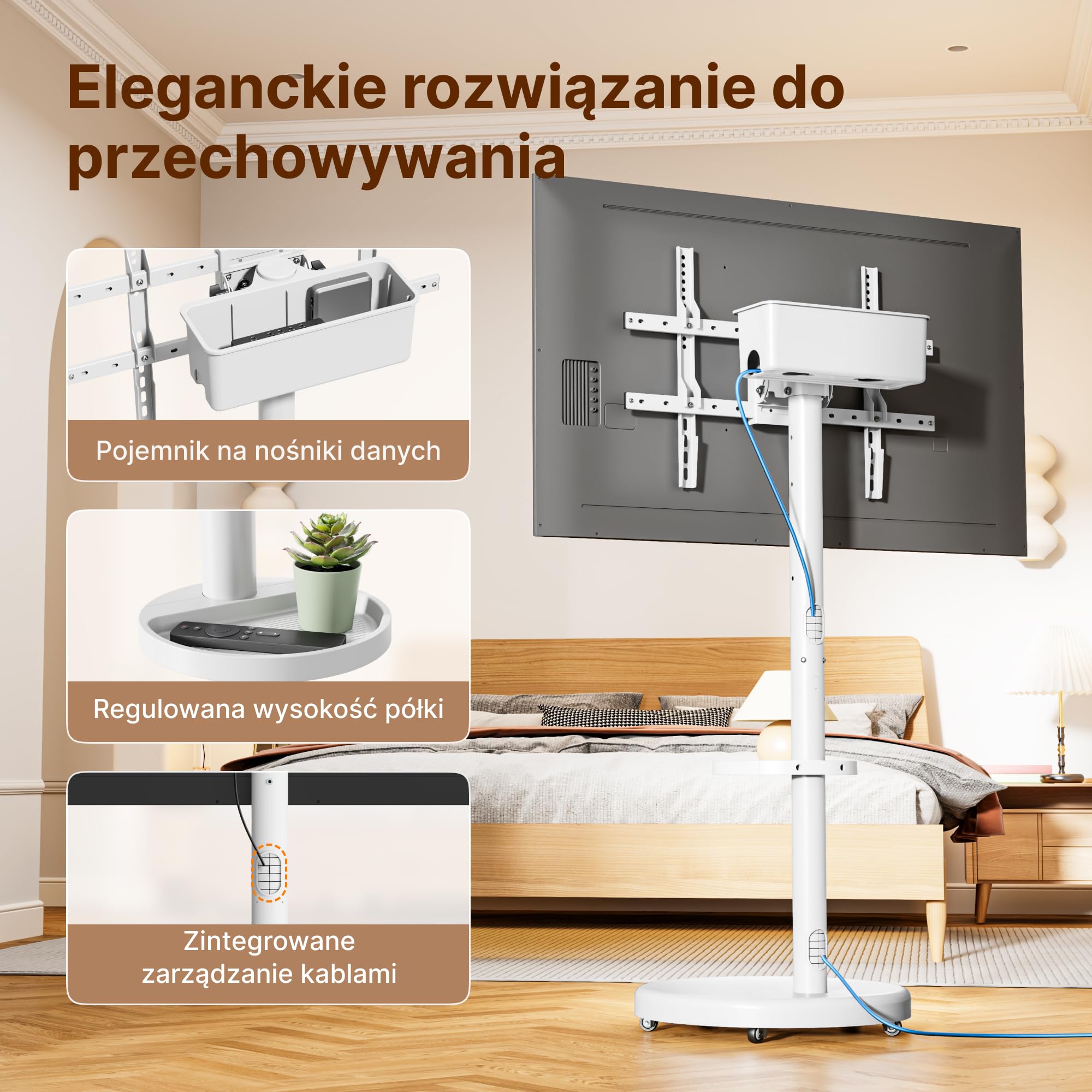 Stojak pod telewizor z regulacją wysokości, do telewizorów 37-86" | udźwig 50 kg, format pionowy i poziomy, stabilny, mobilny wózek pod telewizor z półką, maks. VESA 600 x 400 mm (biały)