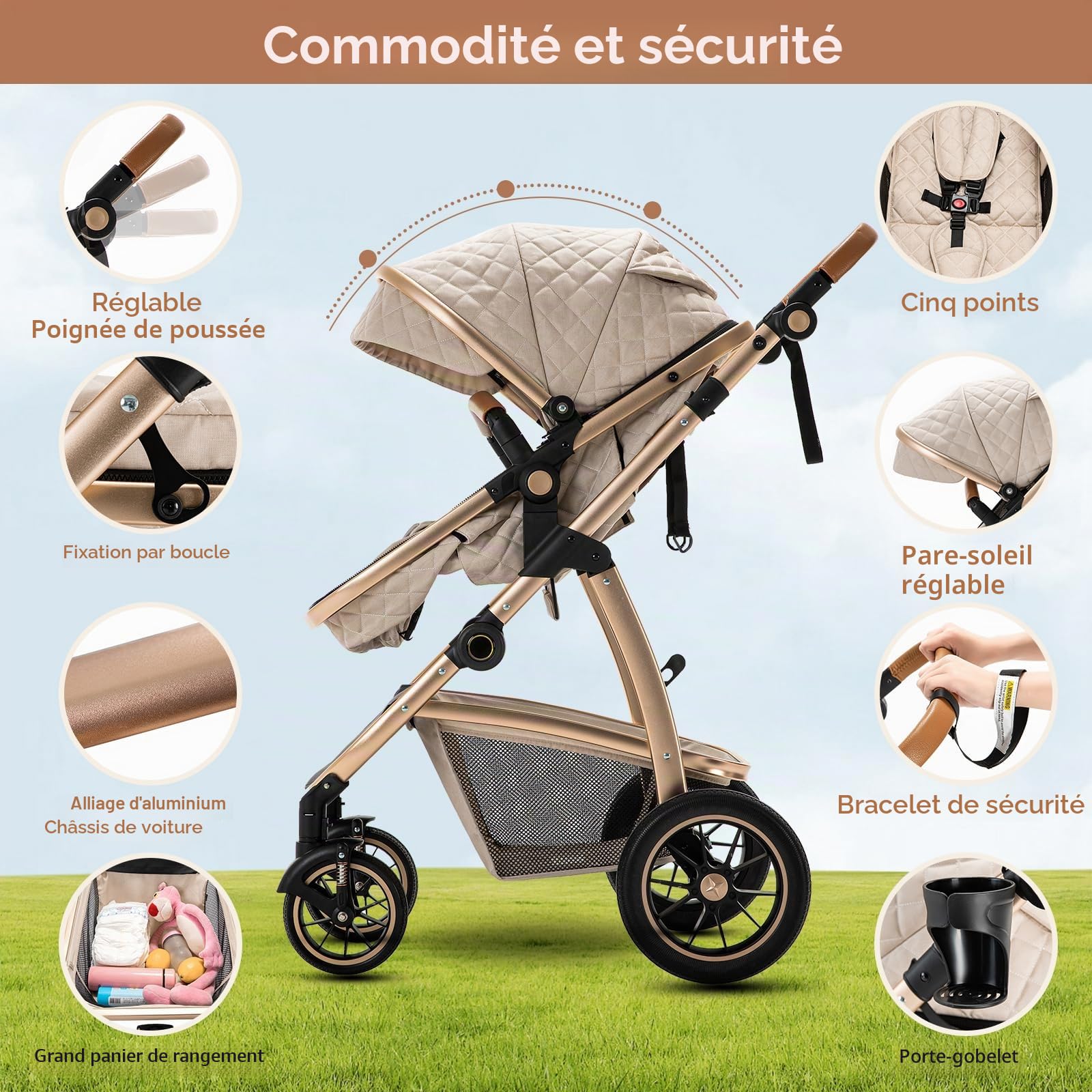 Zkiprm Poussette 3 en 1, Système de Voyage Avec Siège Auto, Landau Accoudoirs réglables, Habillage pluie, Moustiquaire, Châssis aluminium, Landau urbain pour enfants 0-4 ans