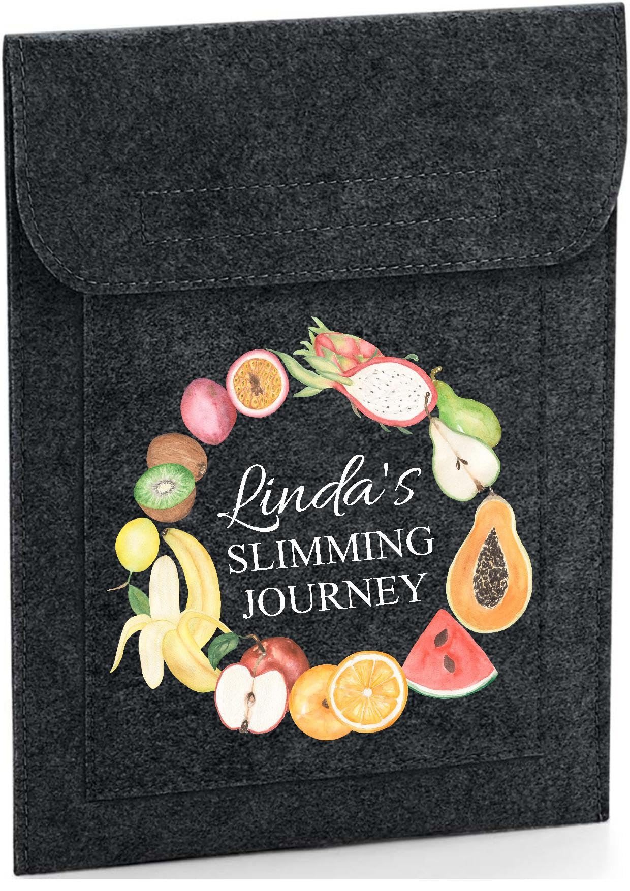 Personalised Slimming Weight Loss Journey Pouch, Weigh Day Folder, Charcoal Felt Holder Fruit Design