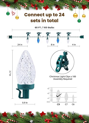 Miniatura 5 de Luces LED C9 de Navidad para exteriores, 68 pies, 100 luces LED con clips rápidos, grado comercial, extensibles, impermeables, luces de Navidad al