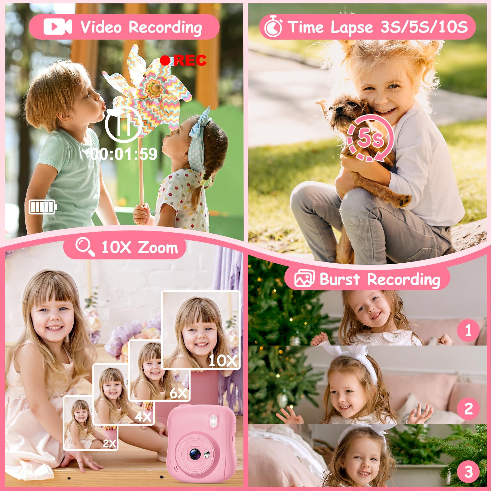 Hangrui Appareil Photo Instantané Enfant, 2,0 Pouces Écran HD Appareil Photo Enfant avec Carte de 32GB & 3 Rouleaux de Papier d'impression,Cadeau Jouet pour Enfant Garçons Filles de 3-10 Ans -Rose