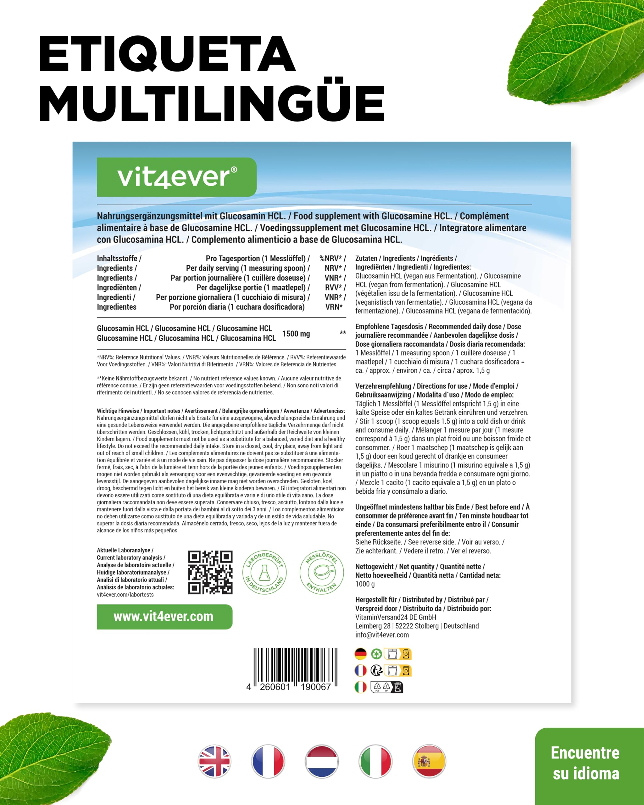 Glucosamina HCL Pura - 1000 g (1 kg) de polvo puro sin aditivos - De fermentación vegetal - Vegano - Altamente dosificado