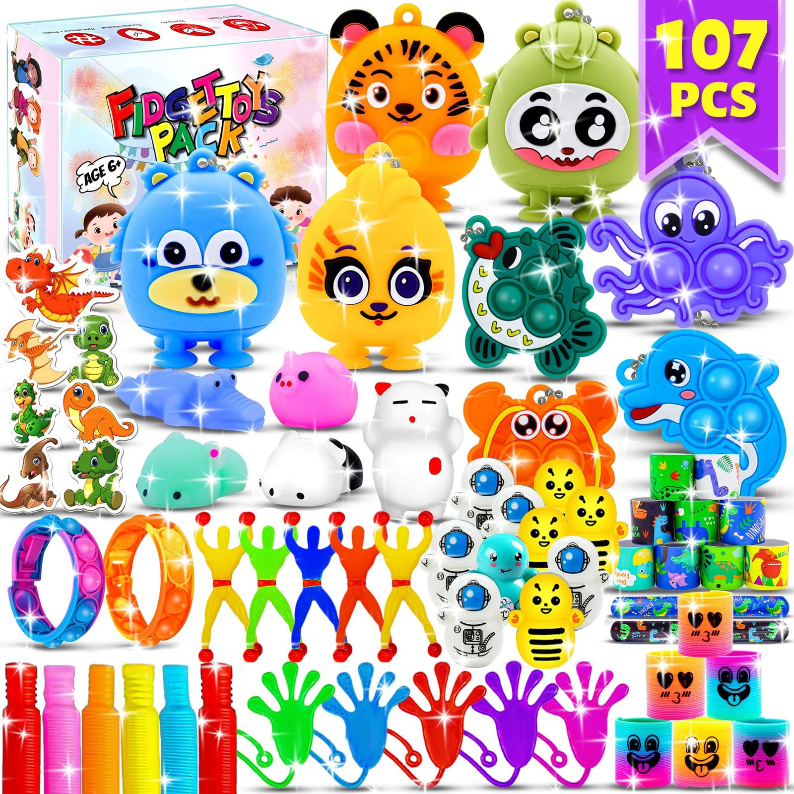107Pcs Fidget Toys Pack for Kids Adults - Autism Sensory Toys, Party Favours, Classroom Prizes, Stress Relief Gifts, Goodie Bag Fillers for Birthdays Carnival Christmas