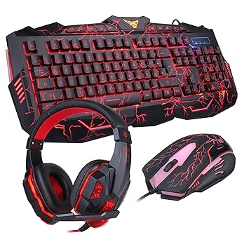 Four Season - MFTEK Gaming Keyboard and Mouse Combo LED Backlit USB Wired Keyboard for Computer PC Gamer (Keyboard+7 Button Lighted Mouse+Mouse pad Set+Lighted PC Gaming Headset with Microphone)