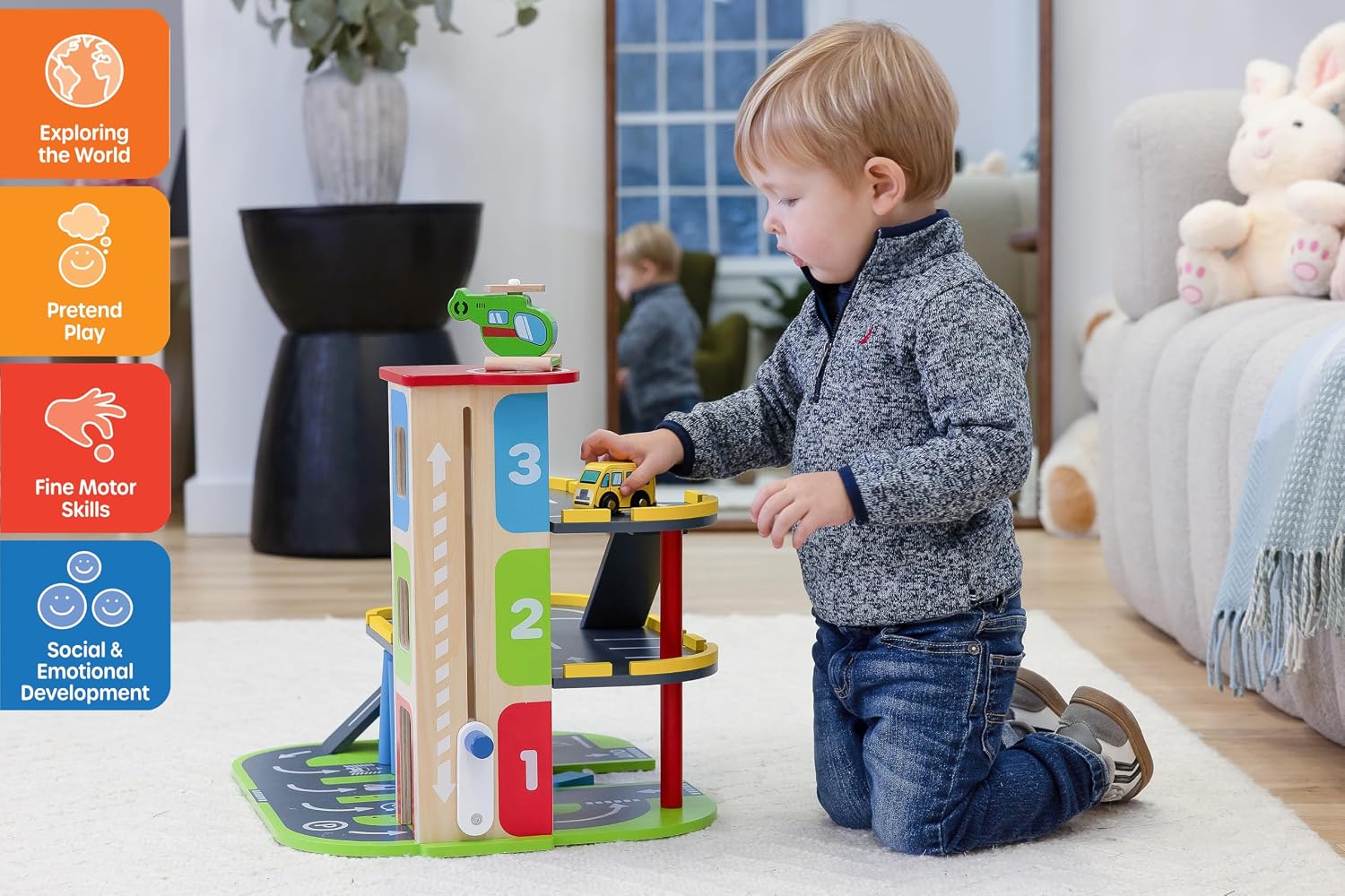 Jasey's Toy Chest Wooden Busy Wheels Garage Playset | 3-Level Wooden Garage with Elevator, Car Wash, Gas Station & Helipad + 2 Cars & 1 Helicopter | for Toddlers Ages 3+