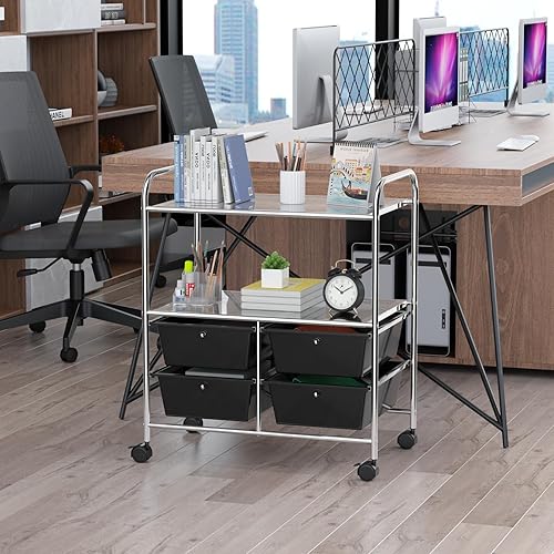 Miniatura 2 de RELAX4LIFE Carrito de almacenamiento con cuatro cajones, ruedas y dos estantes, marco de acero estable para oficina, hogar, almacenamiento de