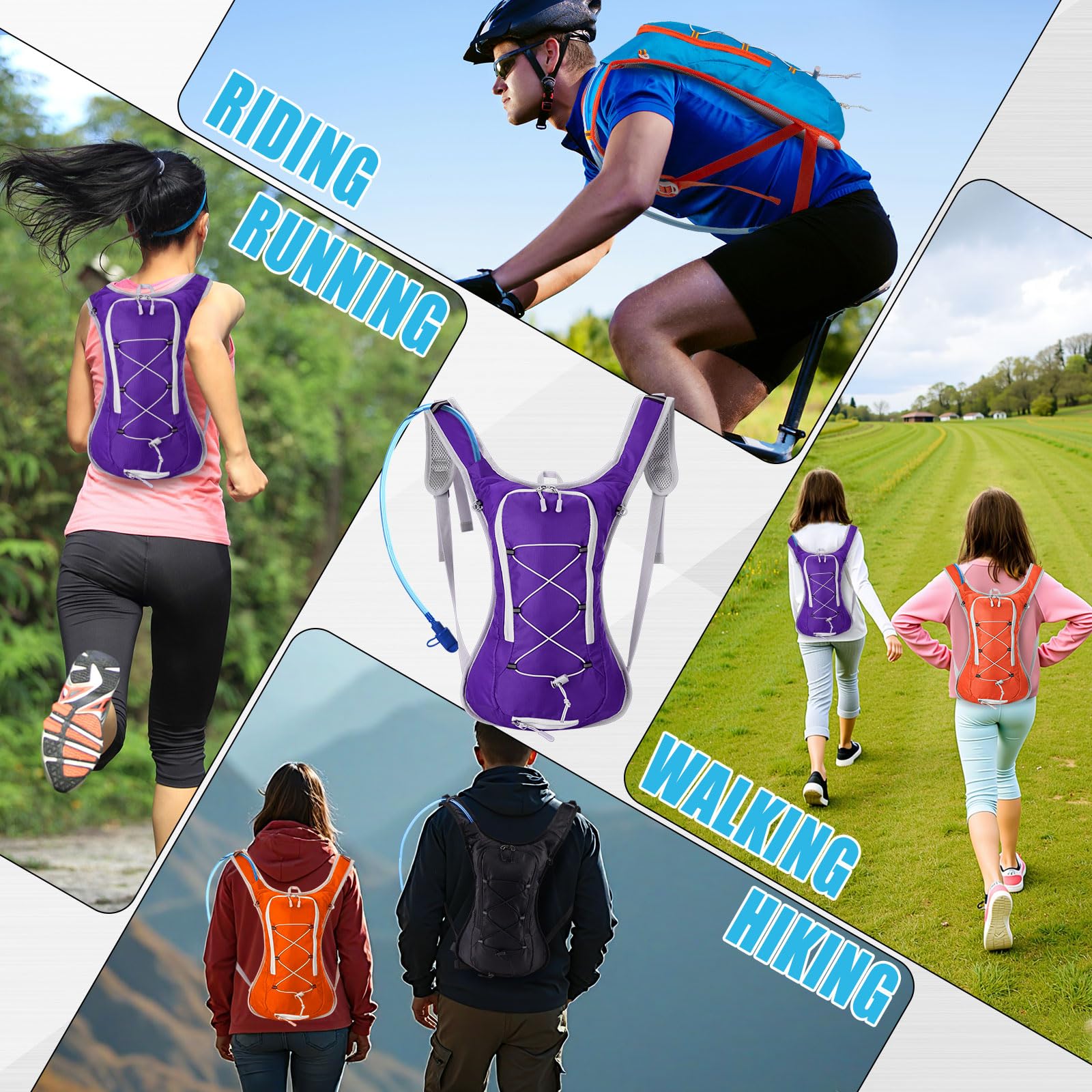 WinnerWhy Paquete de 4 mochilas de hidratación con bolsa de agua de 2 litros, mochila de hidratación ligera para hombres y mujeres, senderismo, ciclismo, camping, correr, escalada