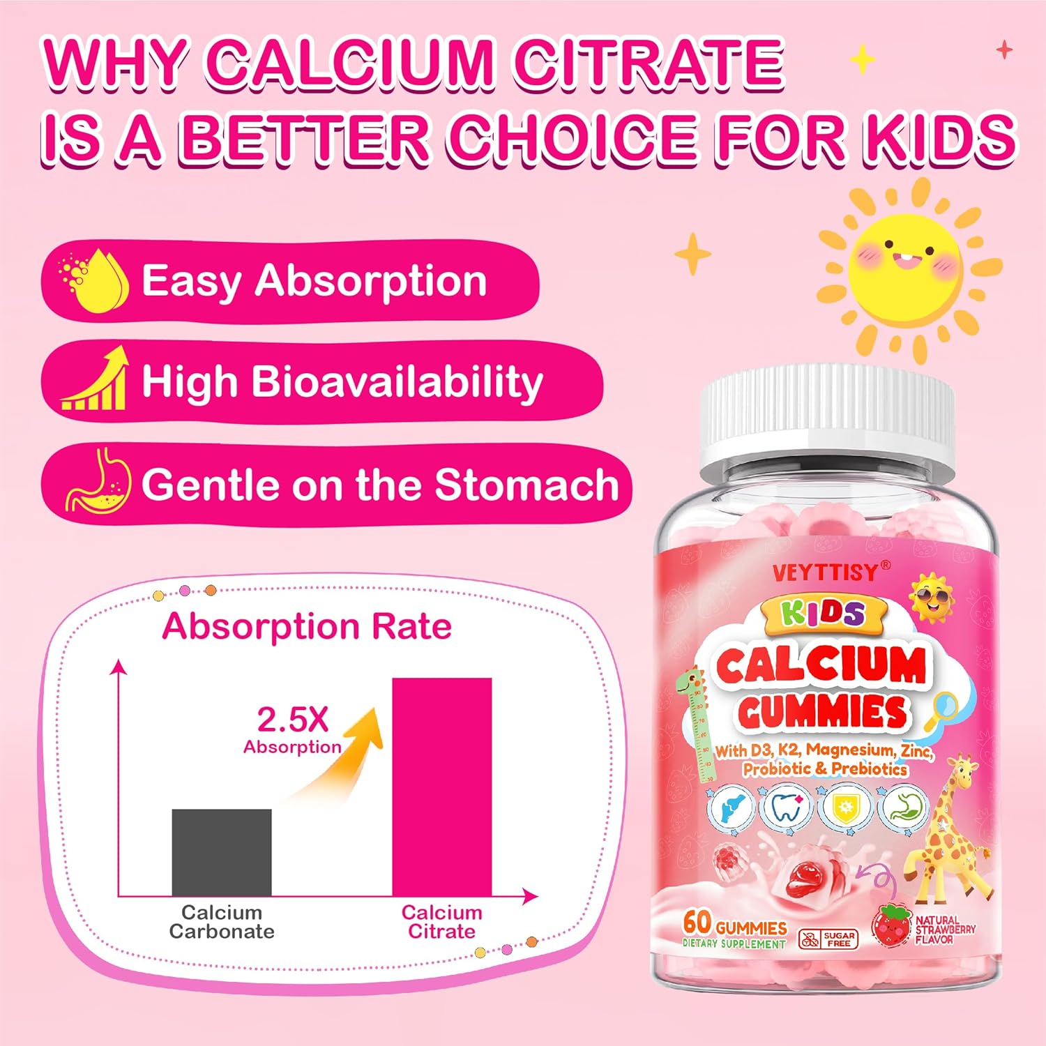Kids Calcium Gummies with D3 & Magnesium for 4+: Sugar Free Calcium Citrate with Vitamin D3, K2, Zinc, Probiotics & Prebiotics for Kids - Gluten Free, Non-GMO,Vegan, Natural Strawberry Flavor
