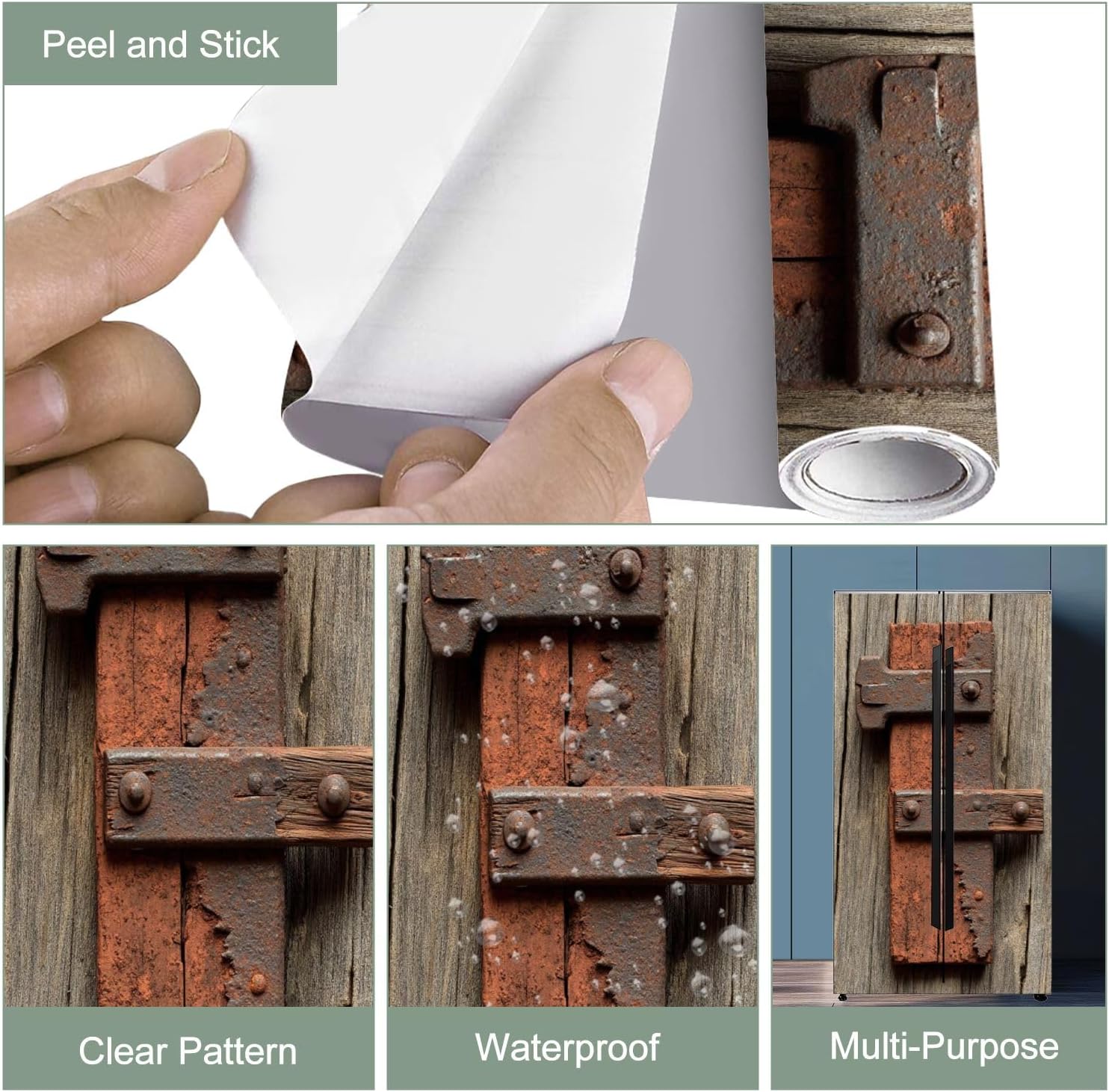 Self Adhesive Vinyl Refrigerator Wrap Old Planks Rivets Rusty Iron Vintage Wooden Door Rustic Kitchen Decor Door Mural Sticker Peel and Stick Removable Door Cover Fridge Wrap Decal for Kitchen Decor