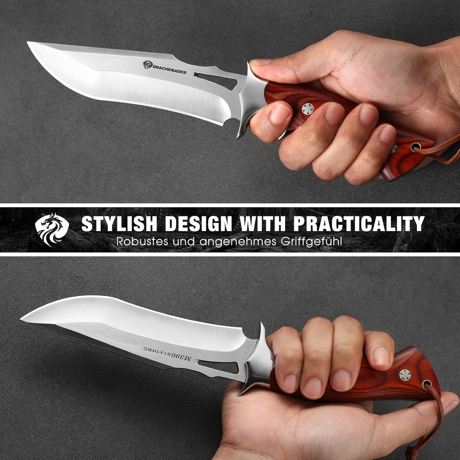 10.24" M390 Knives Hunting Knife Fixed Blade with Leather Sheath, Bushcraft Full Tang Knife Non-slip Red Coloured Wooden Handle - Image 3