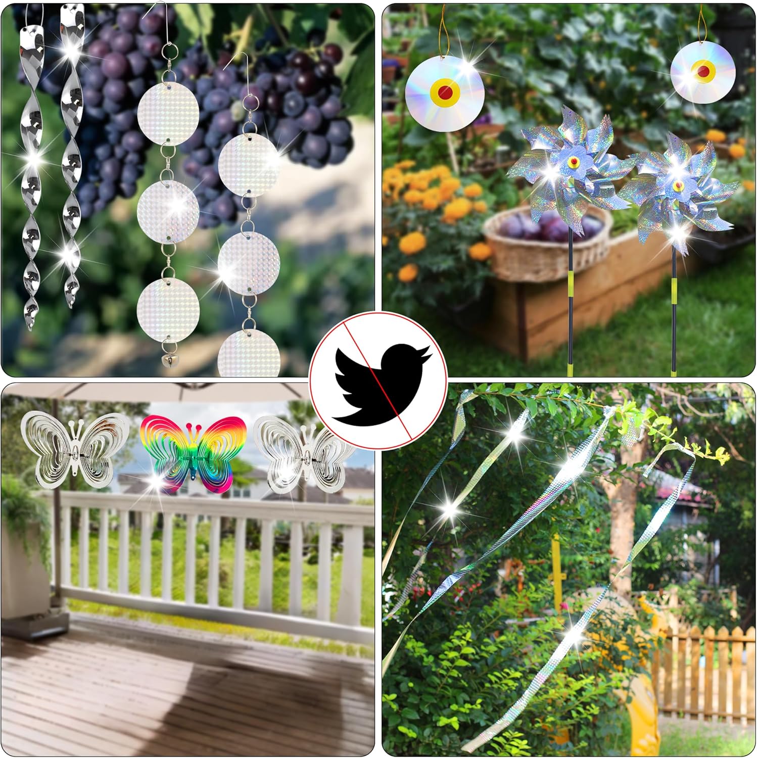 Bird Repellent Set - Includes 2 Reflective Pinwheels, 2 Butterfly Wind Spinners, 6 Spiral Devices, 1 Scare Tape & 2 Discs, to Repel Pigeons, Seagulls, Woodpeckers for Balconies & Gardens