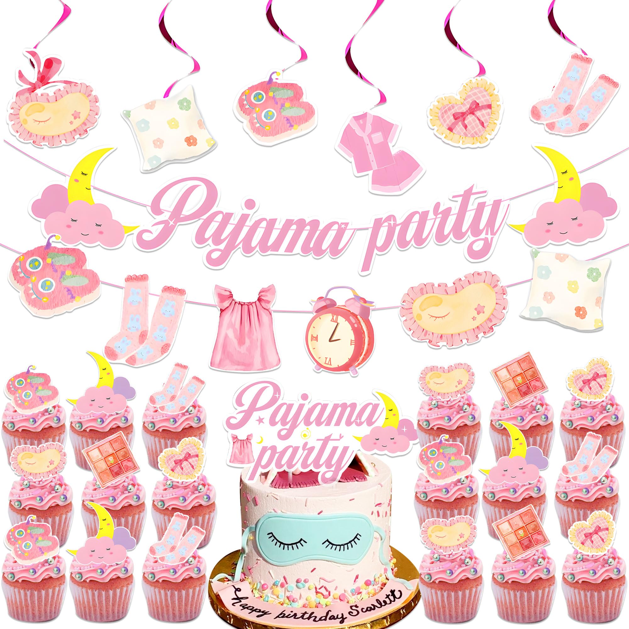Pajama Party Decoration Slumber Party Decoration Include Pajama Theme Banner Hanging Swirls Pajama Cake Cupcake Topper For Girls Night Sleepover