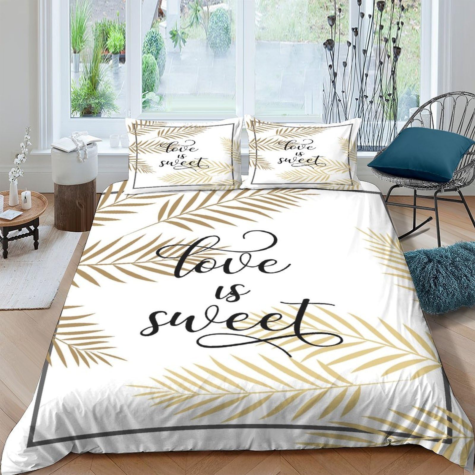 Ctjqhvkz Style-8 3D Printed Golden Leaf Fitted Sheet Microfiber Soft Breathable Love Quote Bed Cover For Bedroom Guestroom Decor Single（135X200cm）