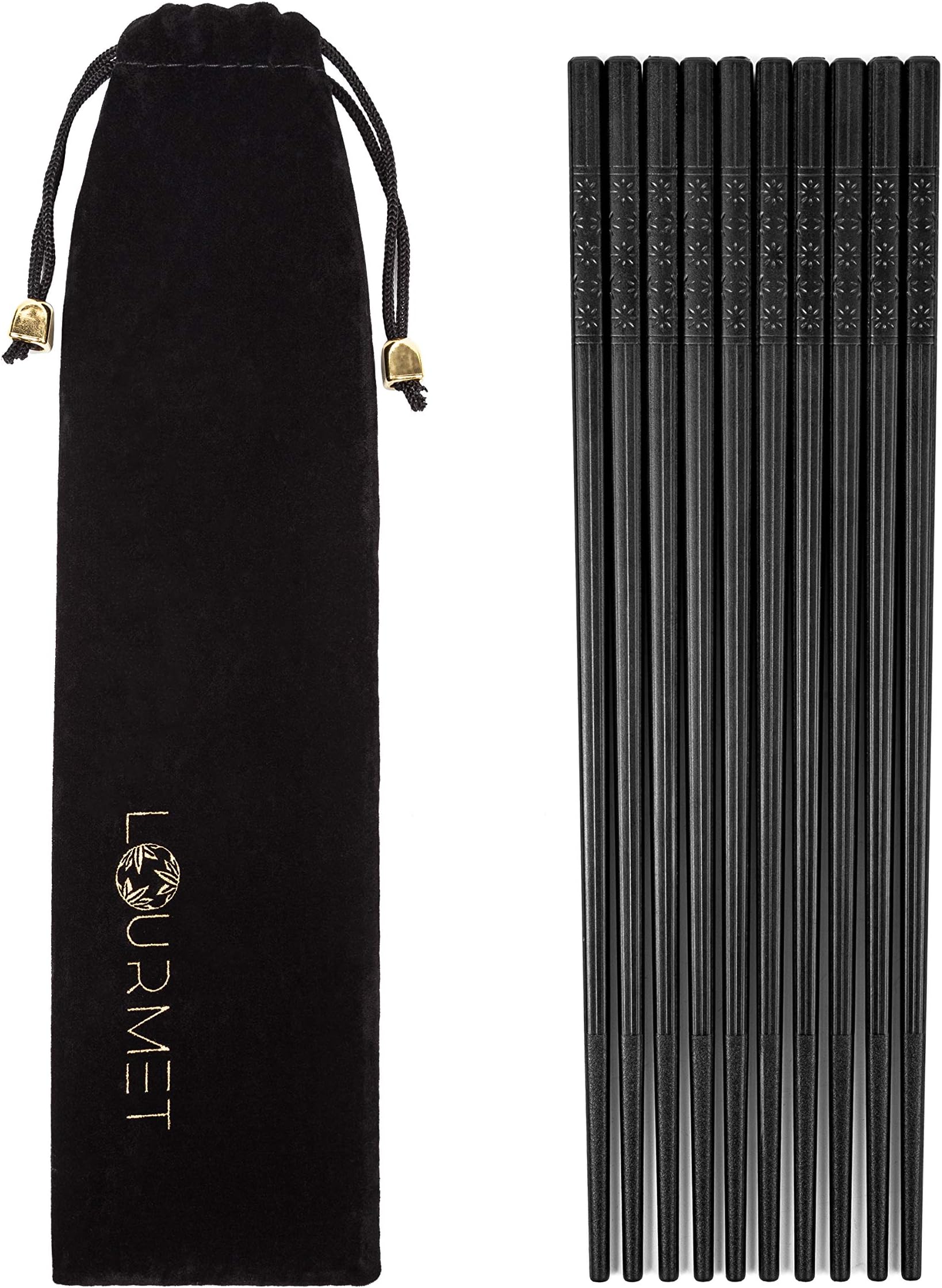 5 Pairs Black Fiberglass Chopsticks 9.5 inches Long - Reusable Chopsticks Dishwasher Safe for Chinese Foods, Japanese Chopsticks, Non Slip and Sturdy