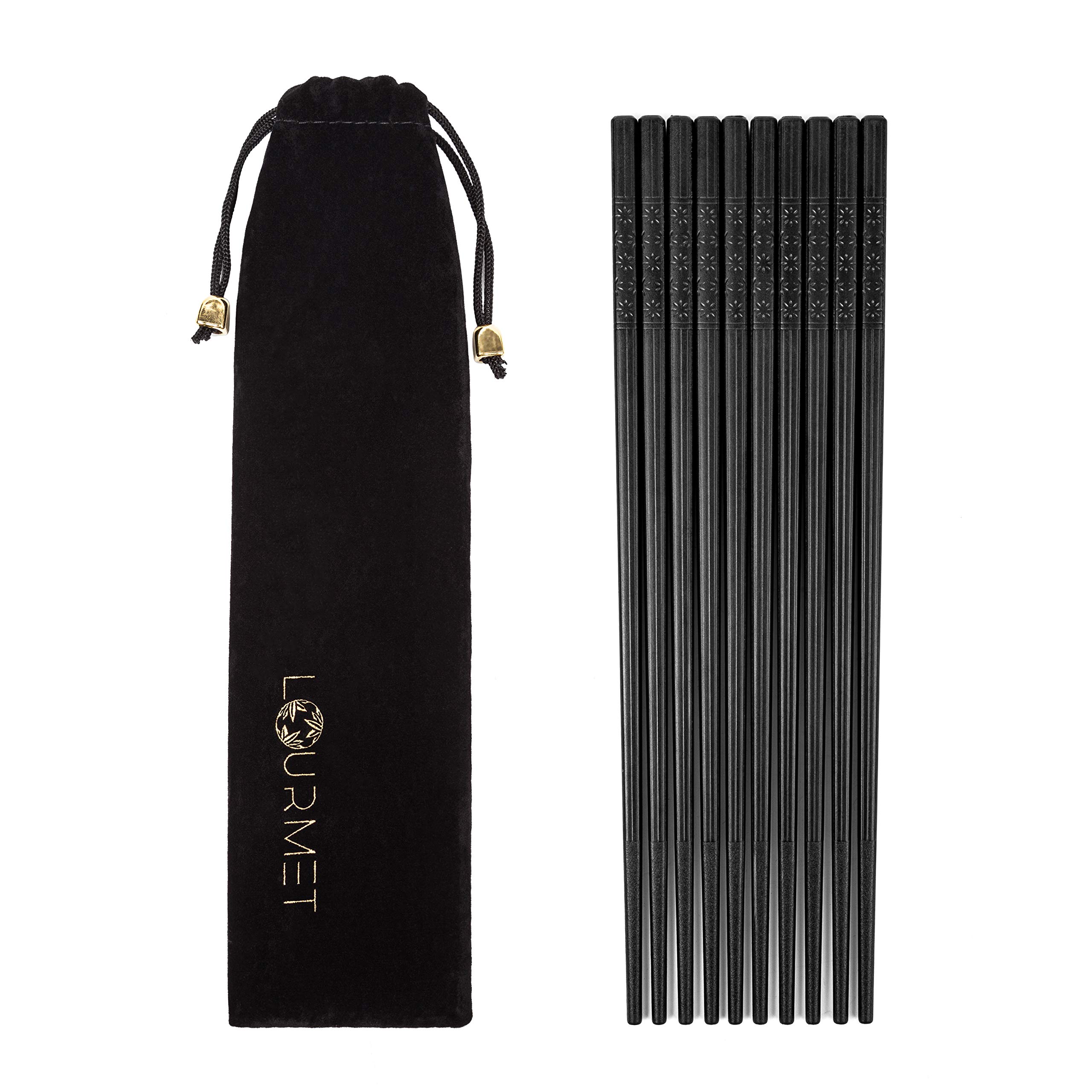 5 Pairs Black Fiberglass Chopsticks 9.5 inches Long - Reusable Chopsticks Dishwasher Safe for Chinese Foods, Japanese Chopsticks, Non Slip and Sturdy